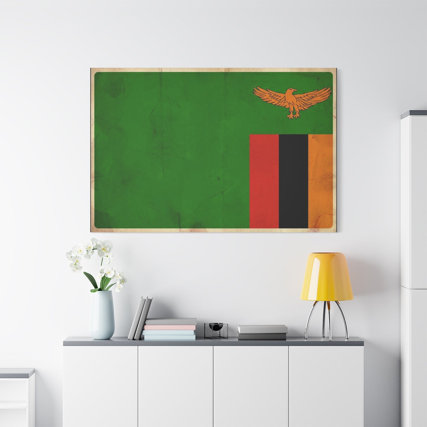 Zambia Flag Canvas Wall Art - Green Field, Orange Eagle, Red Black Gold Stripes - Vintage Patriotic Print - Living Room Wall Decor, Office Art - Bedroom Home Decoration - Bedroom Home Decoration