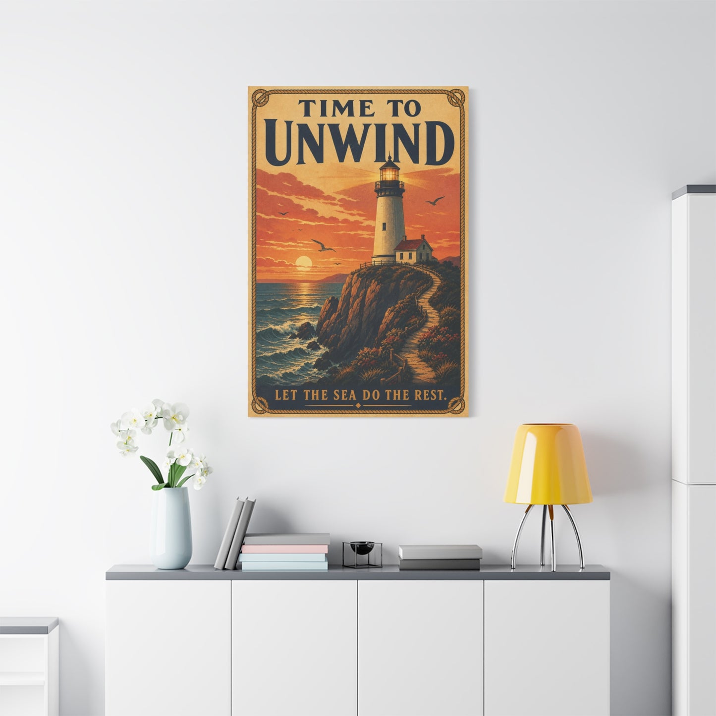 "Time To Unwind Let The Sea Do The Rest" Lighthouse Canvas Wall Art - Vintage Coastal Sunset Seascape Print, Nautical Home Decor, Bedroom Living Room Decoration, Beach House Style - Office Wall Art