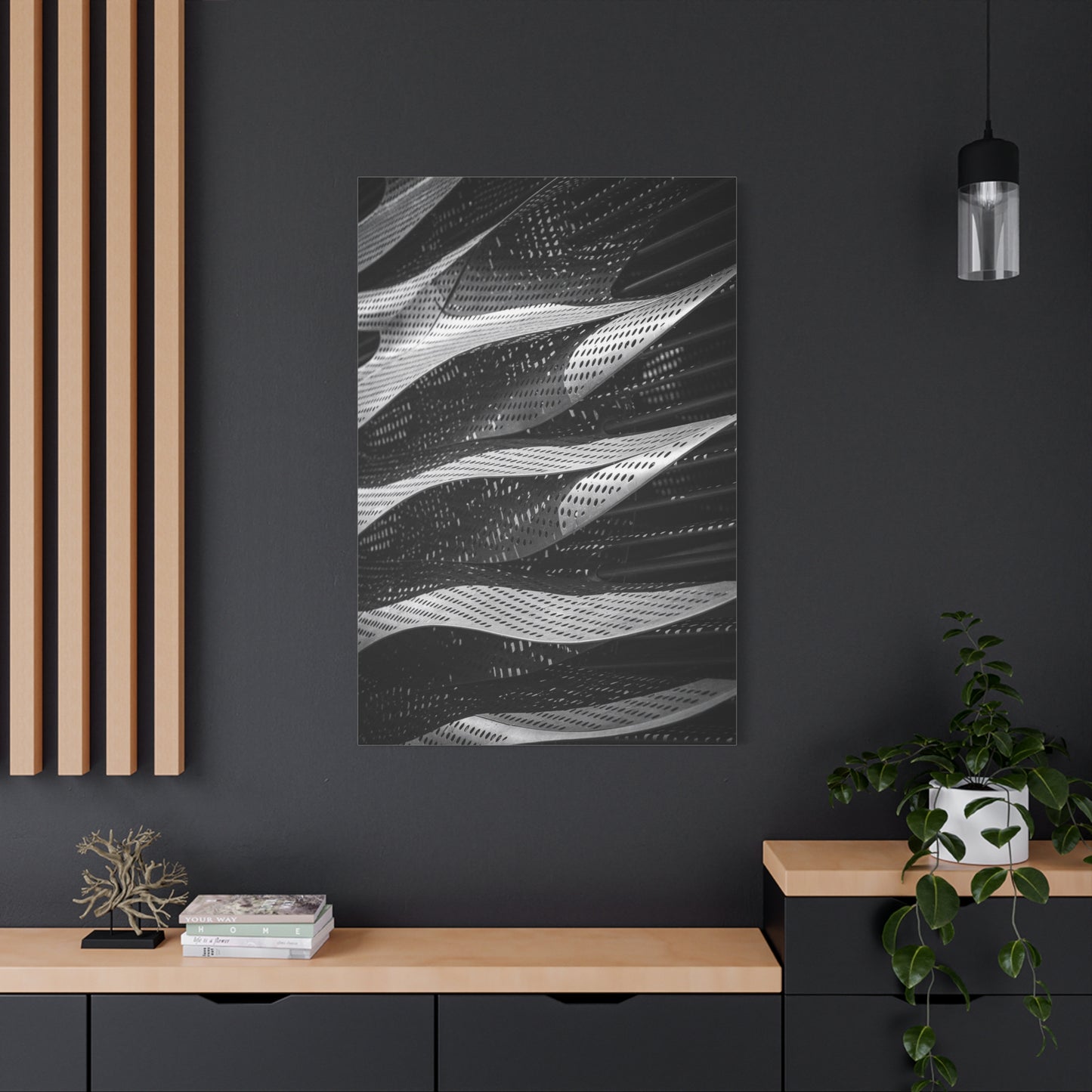 Abstract Black White Metal Wave Canvas Wall Art - Geometric Architectural Art Print - Modern Minimalist Decor - Living Room Wall Decor, Office Art, Contemporary Interior Design - Ready to Hang