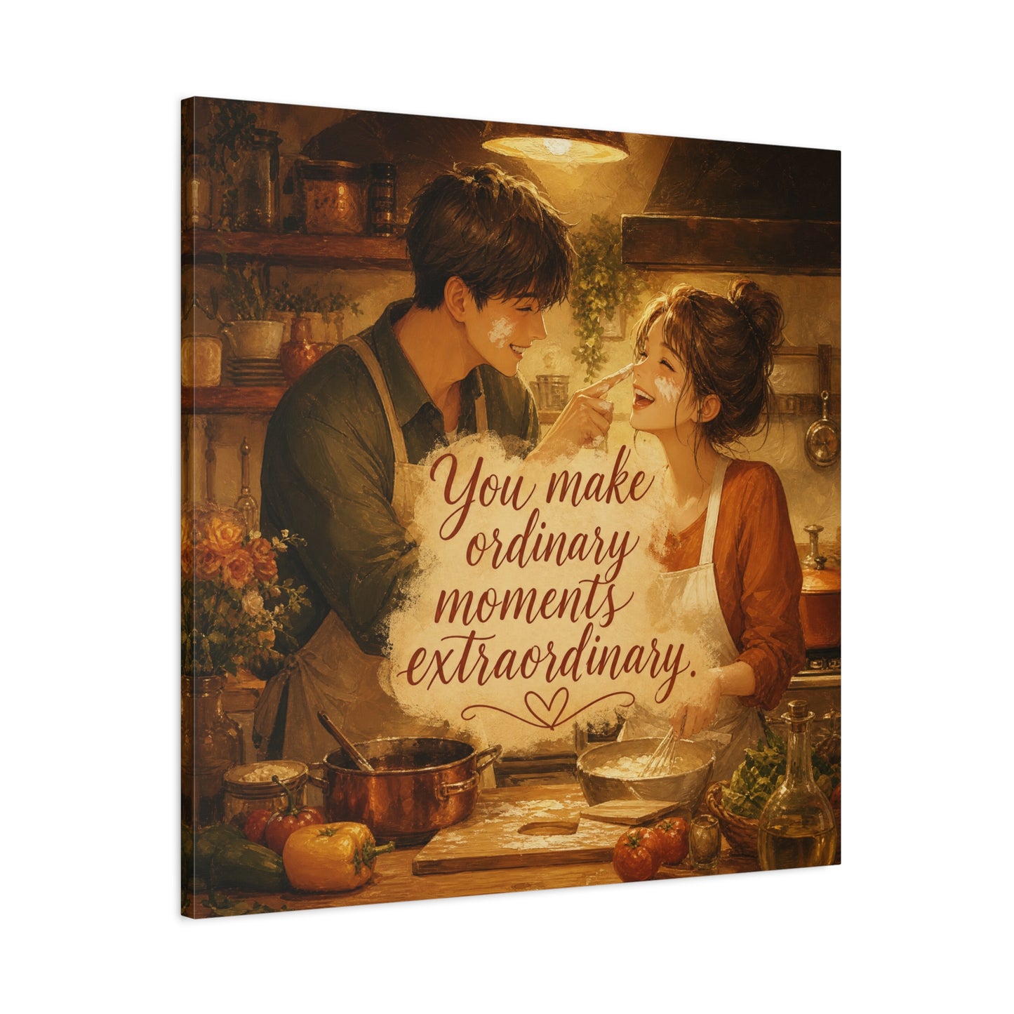 "You Make Ordinary Moments Extraordinary" Couple Canvas Wall Art - Romantic Kitchen Scene, Warm Vintage Illustration Print - Cozy Living Room Decor, Farmhouse Home Accent - Living Room Wall Decor