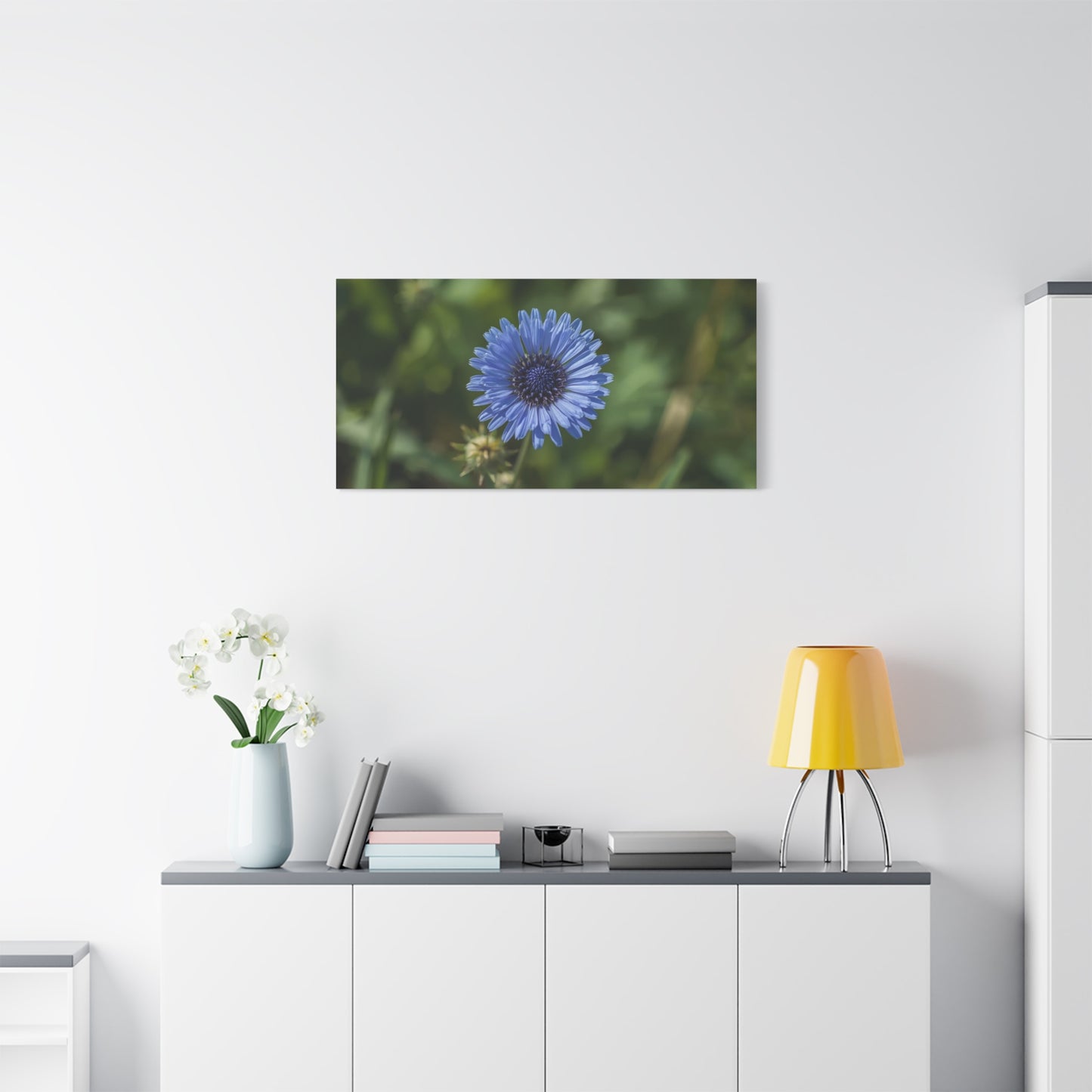 Blue Cornflower Canvas Wall Art - Botanical Flower Art Print, Green Bokeh Background - Matte Cotton Canvas - Contemporary Floral Style - Bedroom Wall Decor, Spa Accent - Modern Farmhouse Style