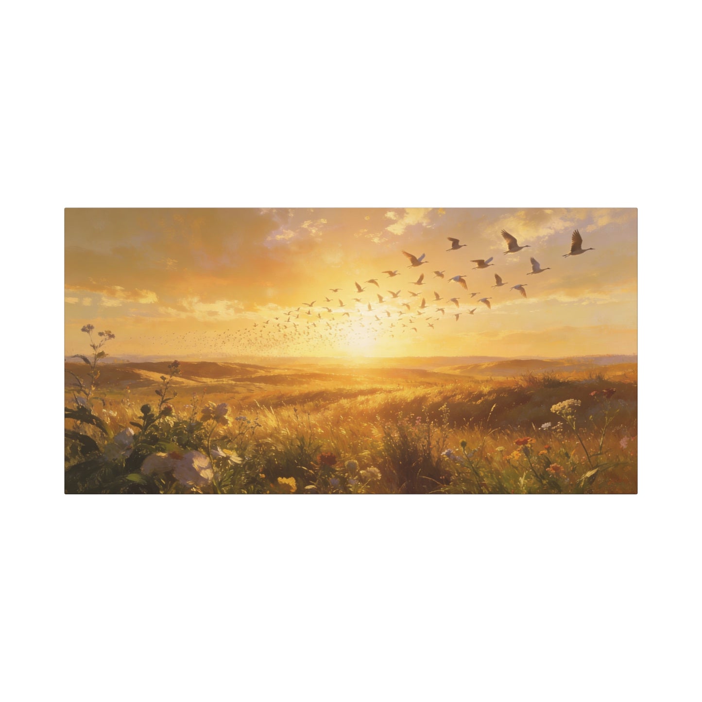 Golden Meadow Sunrise Canvas Wall Art - Flying Birds Over Wildflower Landscape, Lighted Patriotic Wall Hanging Banne Tone, Matte Finish Print - Rustic Living Room Decor - Bedroom Home Decoration