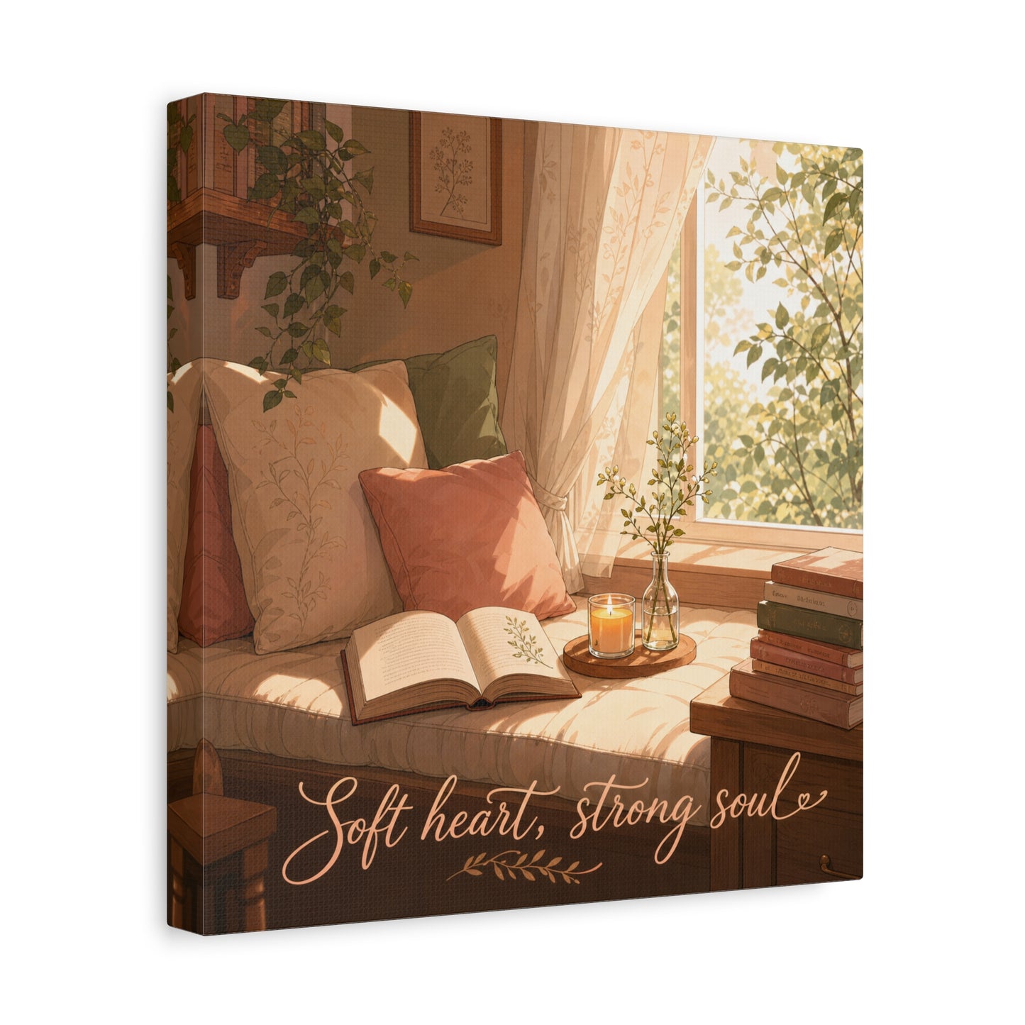 "Soft Heart, Strong Soul" Reading Nook Canvas Wall Art - Sunlit Window Seat, Books, Candle, Botanical Bedroom Decor - Cozy Cottagecore Style - Living Room Wall Decor - Bedroom Home Decoration