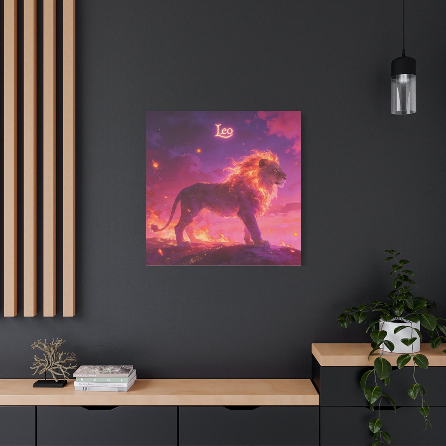 "Leo" Lion Canvas Wall Art - Fiery Zodiac Illustration, Purple Pink Sky, Matte Finish Canvas Print - Modern Astrology Decor, Bedroom Home Decoration, Office Wall Art Accent - Bedroom Home Decoration