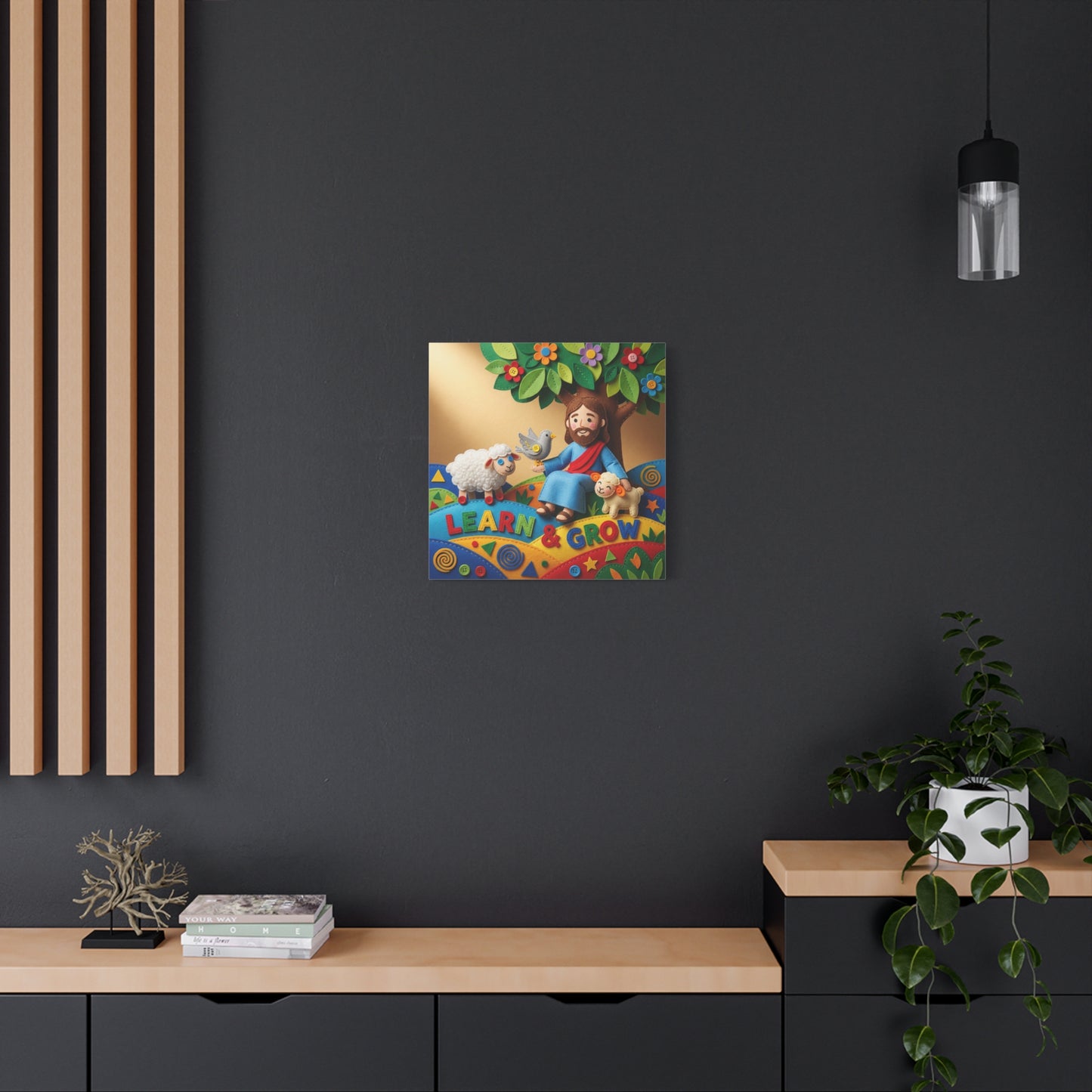 "Learn & Grow" Jesus Canvas Wall Art - Christian Nursery Decor, Lamb And Dove Under Tree - Colorful Felt Style Canvas Print - Kids Room Wall Hanging, Classroom Decoration - Ready to Hang