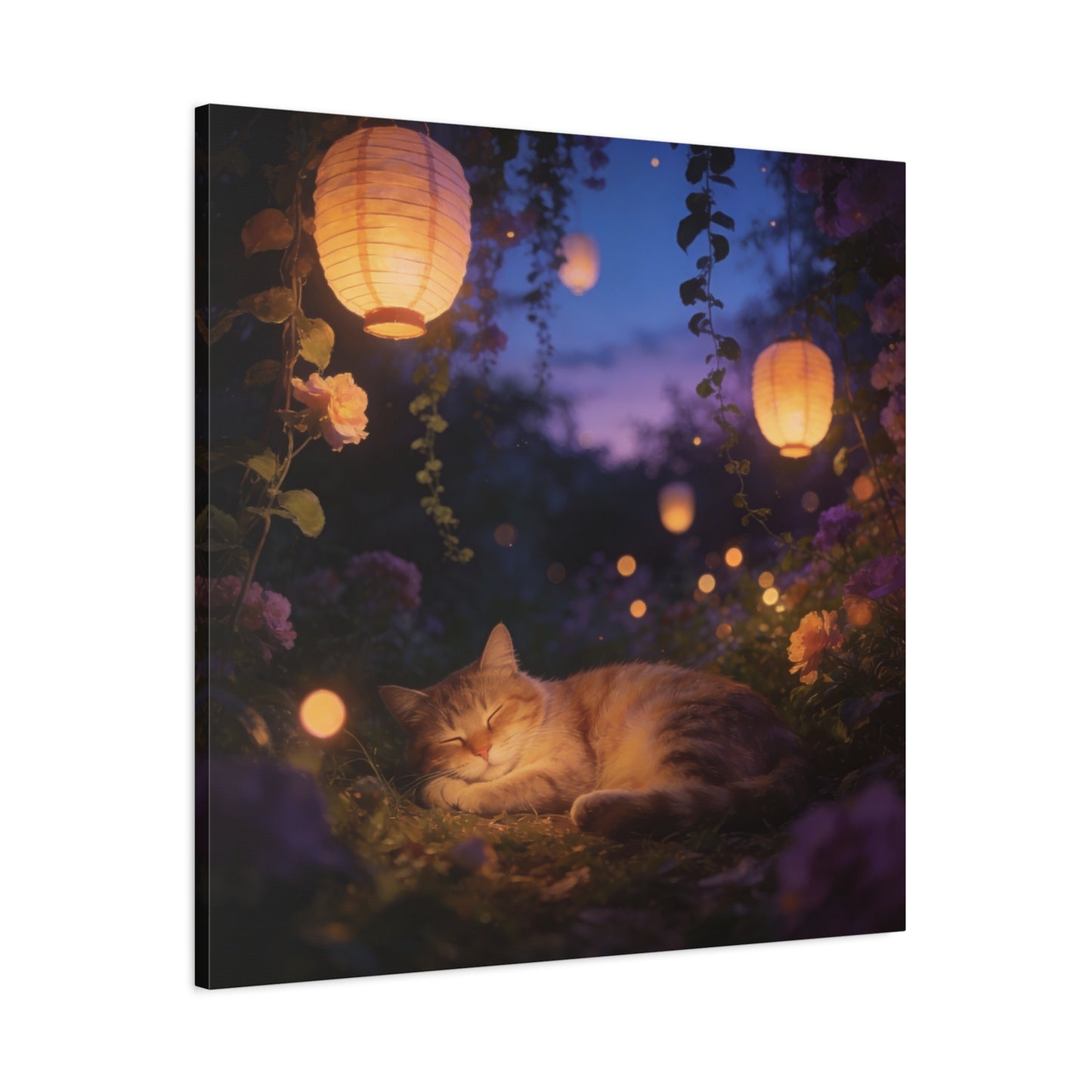 Sleeping Cat Canvas Wall Art - Lantern Lit Garden Night Scene, Dreamy Floral Canvas Print - Calming Cottagecore Style, Bedroom Wall Decor, Living Room Home Decoration - Bedroom Home Decoration