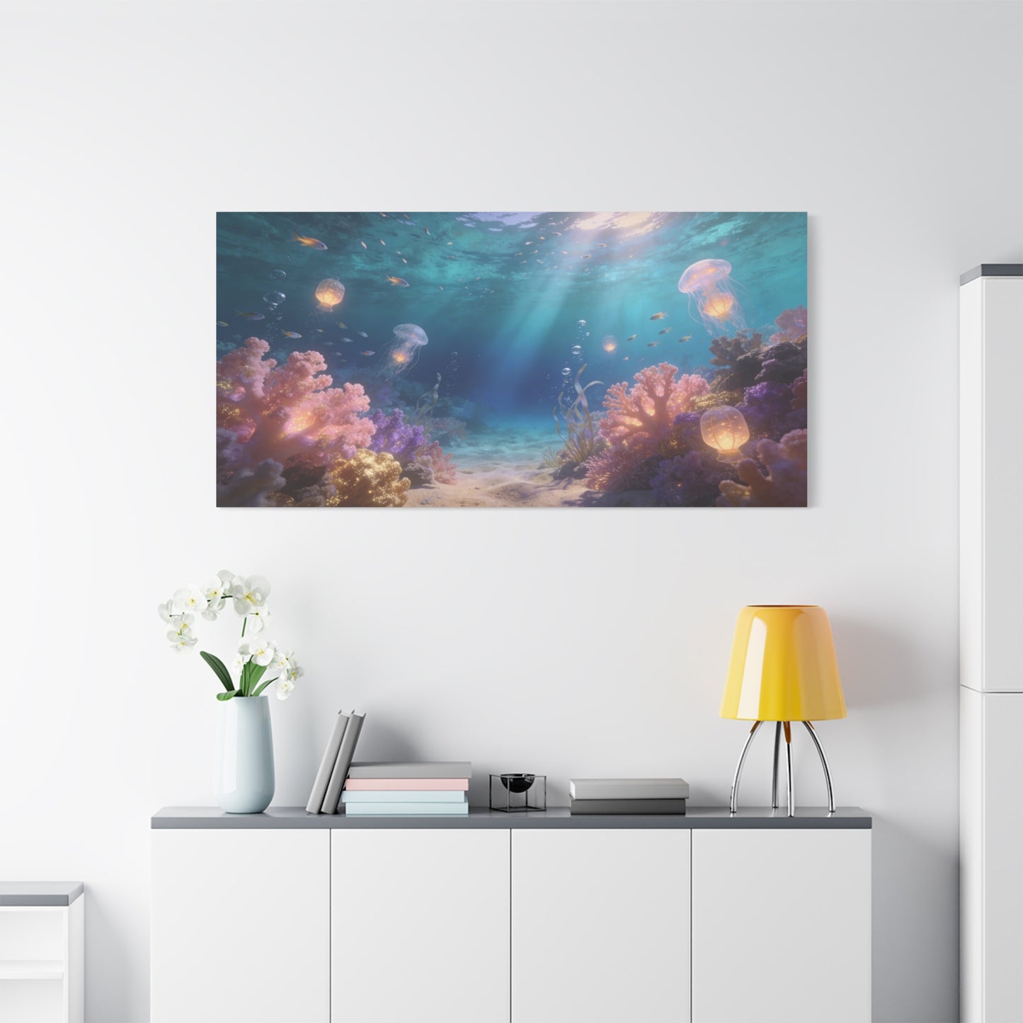 Underwater Jellyfish Canvas Wall Art - Glowing Coral Reef Ocean Scene, Dreamy Seascape Canvas Print - Contemporary Coastal Style - Living Room Wall Decor, Bedroom Home Decoration - Ready to Hang