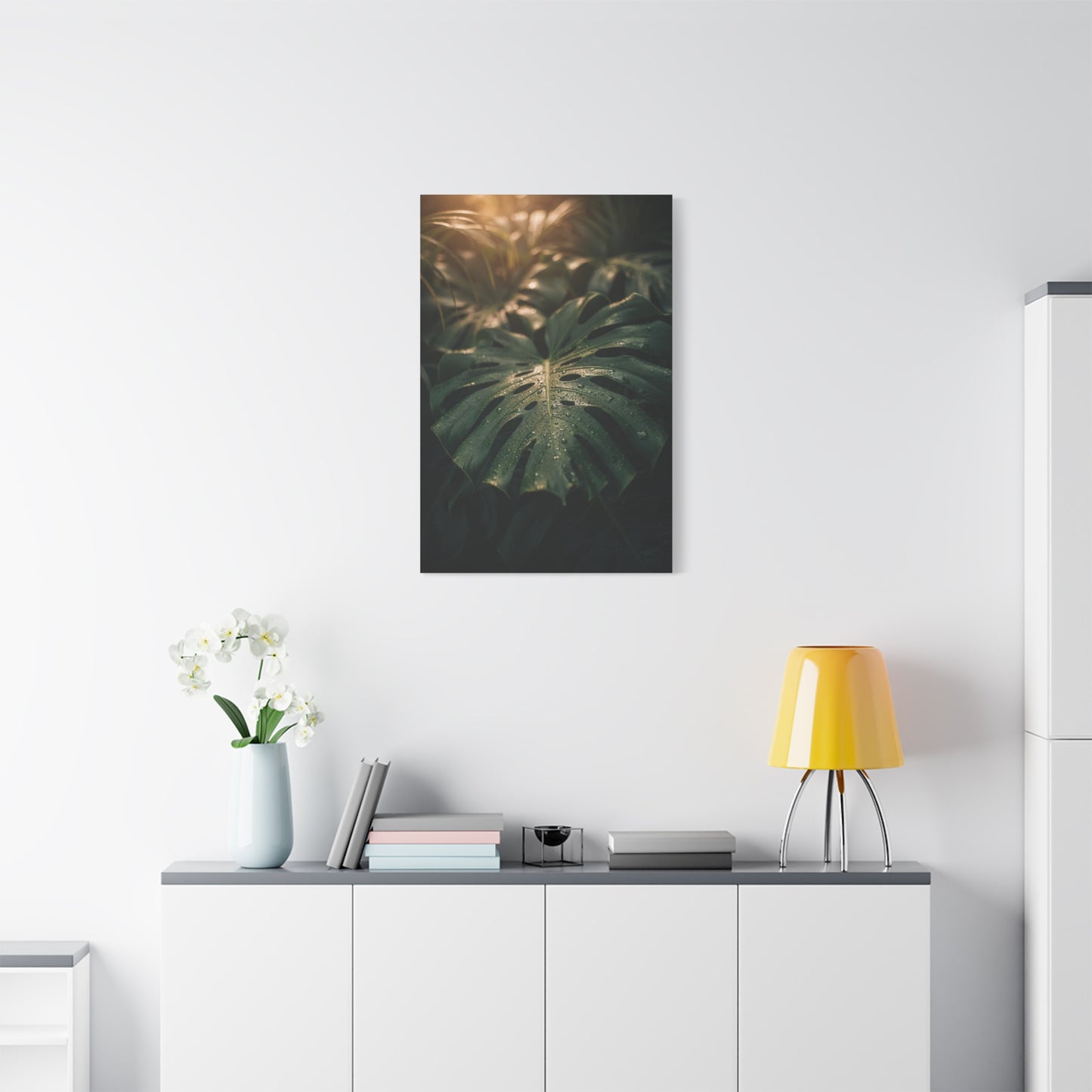 Monstera Leaf Canvas Wall Art - Tropical Botanical Art Print, Moody Green Foliage - Matte Cotton Canvas Print - Bedroom Wall Decor, Bathroom Home Decoration, Spa Style Accent - Cozy Reading Nook Art