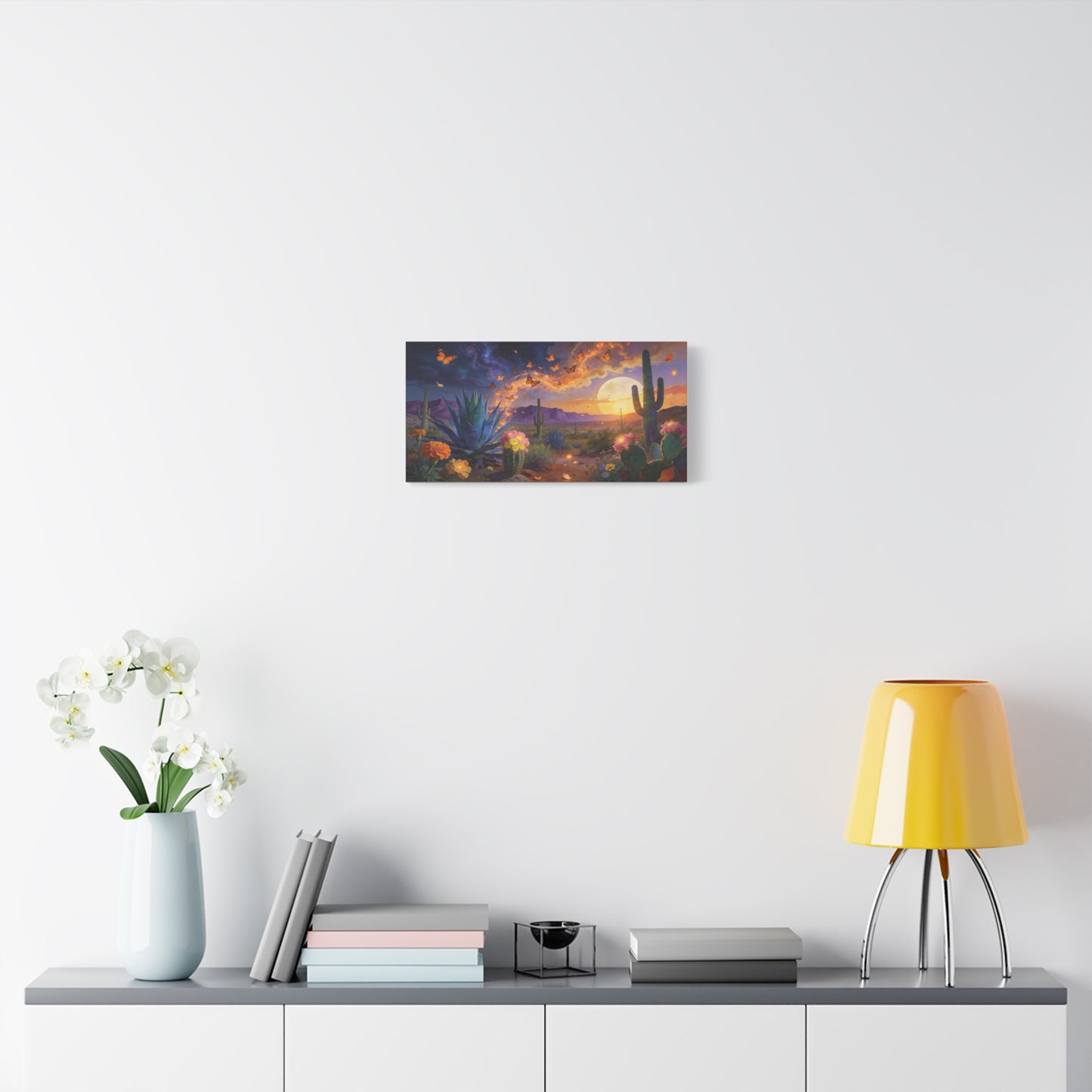 Desert Butterfly Canvas Wall Art - Moonlit Cactus Landscape, Agave And Wildflowers - Surreal Southwestern Style - Cotton Canvas Print - Living Room Wall Decor, Bedroom Accent - Bedroom Home Decoration