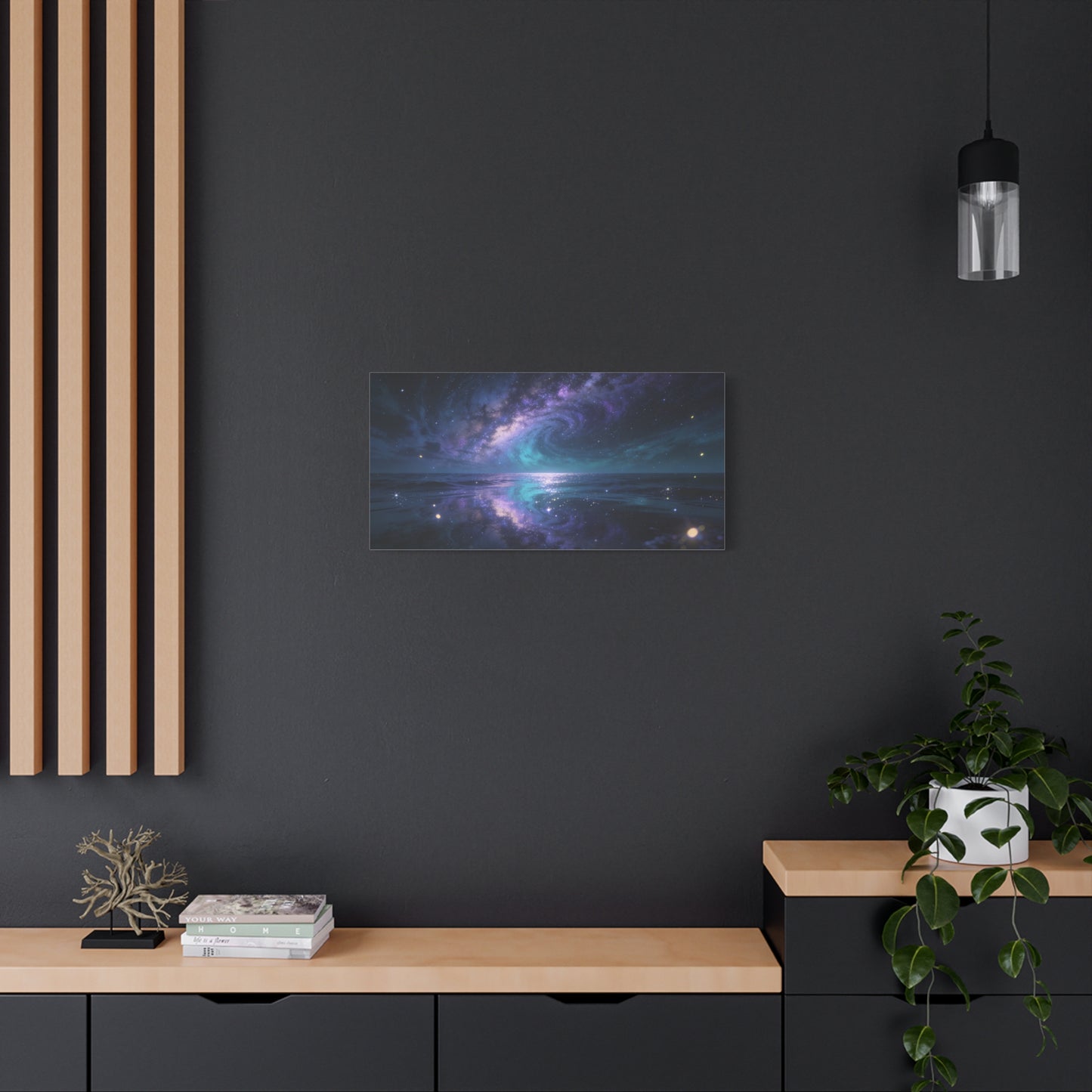 Galaxy Ocean Canvas Wall Art - Swirling Milky Way Night Seascape, Celestial Horizon Reflection - Matte Cotton Art Print - Contemporary Space Decor For Living Room Bedroom Office - Ready to Hang