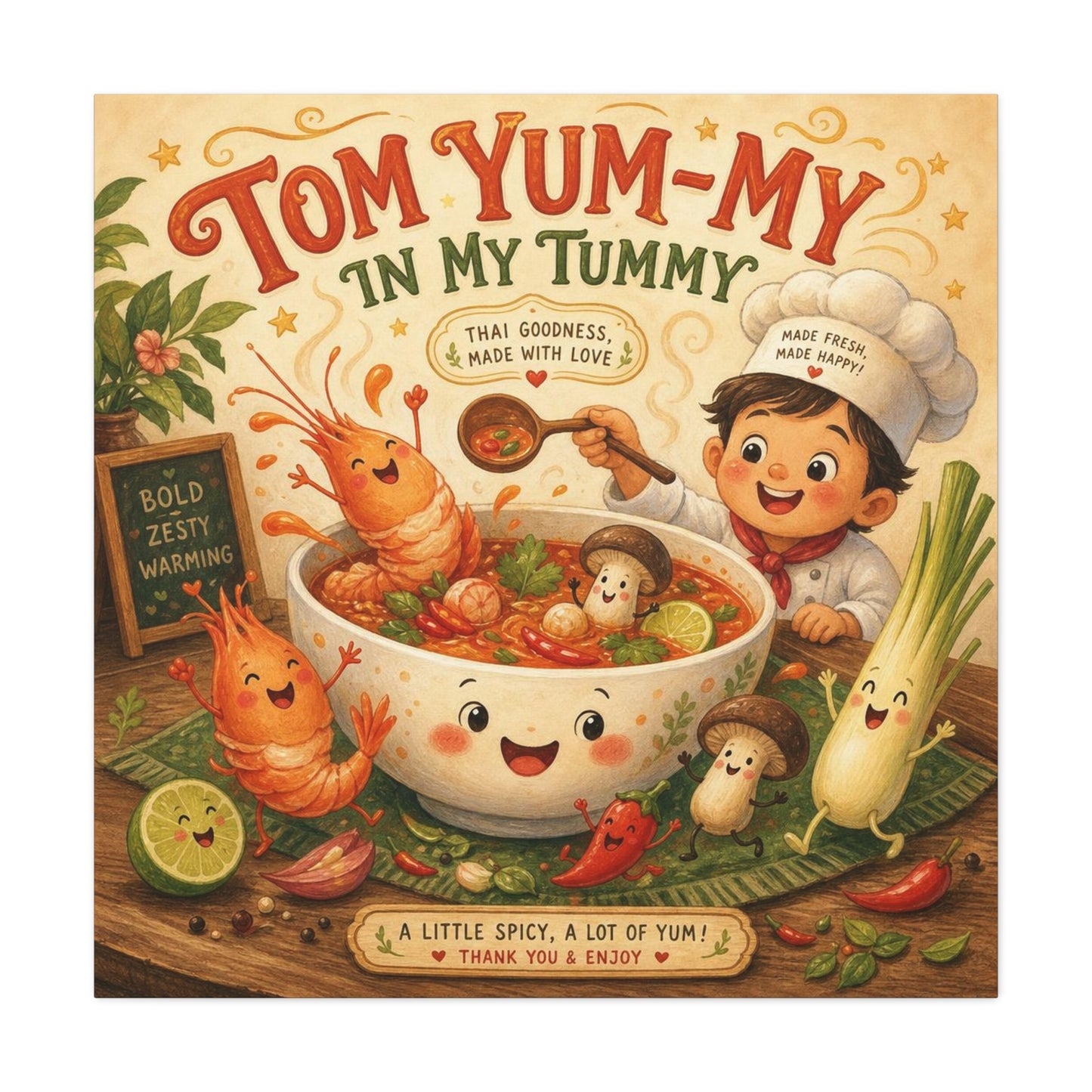 "Tom Yum-My In My Tummy" Canvas Wall Art - Cute Thai Soup Chef Illustration, Whimsical Kitchen Decor - Matte Cotton Canvas Print - Vintage Style Dining Room Wall Decor - Bedroom Home Decoration