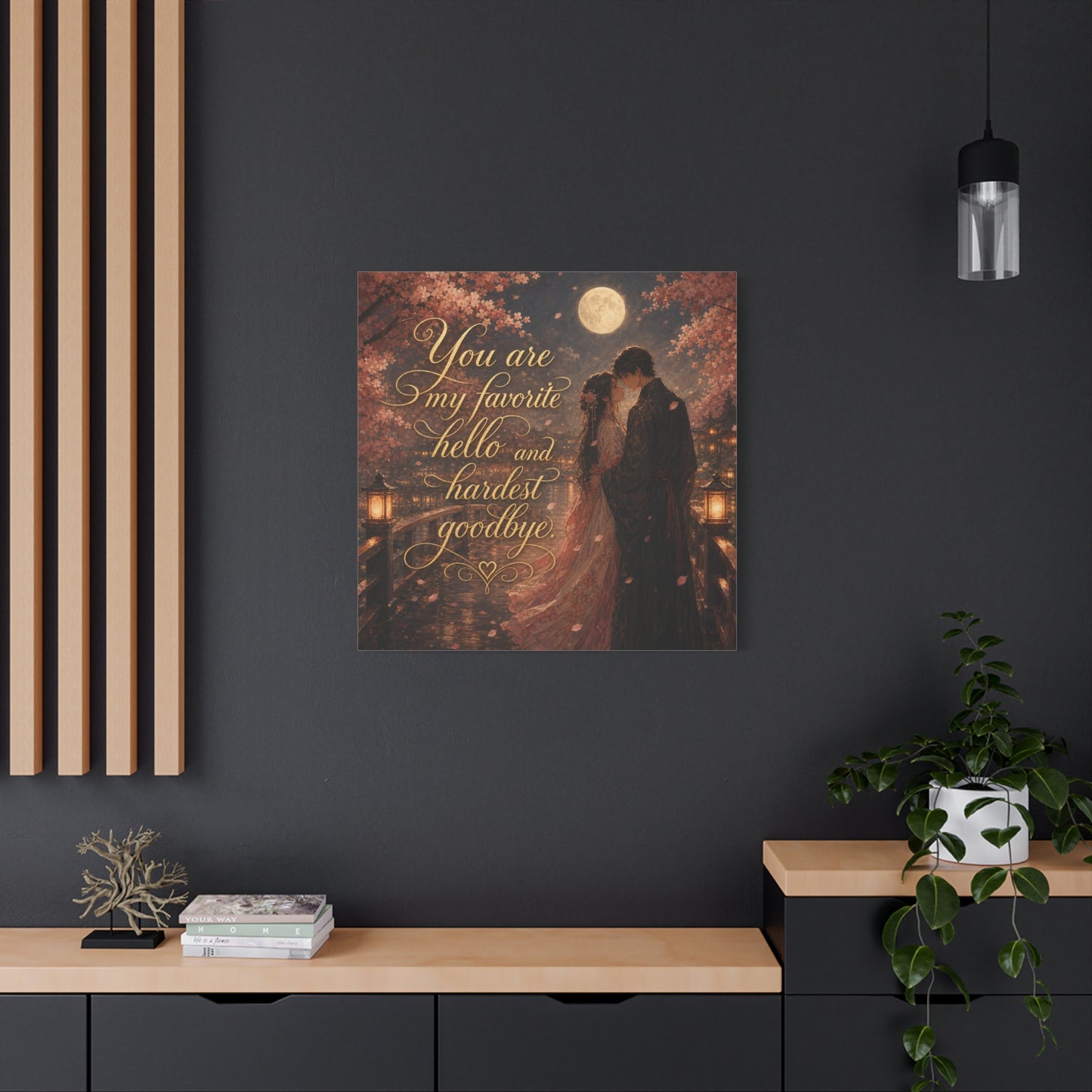 "You Are My Favorite Hello And Hardest Goodbye" Romantic Canvas Wall Art - Moonlit Cherry Blossom Couple, Gold Script Quote Print - Traditional Love Decor, Bedroom Wall Hanging - Cozy Reading Nook Art