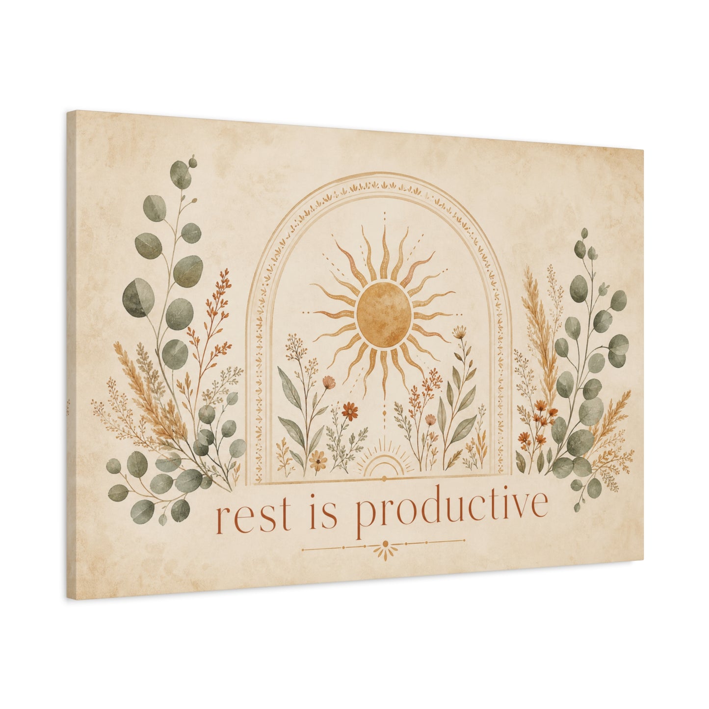 "Rest Is Productive" Inspirational Canvas Wall Art - Boho Sun And Botanical Arch Print - Neutral Typography Decor - Bedroom Living Room Decoration - Office Wall Art - Bedroom Home Decoration