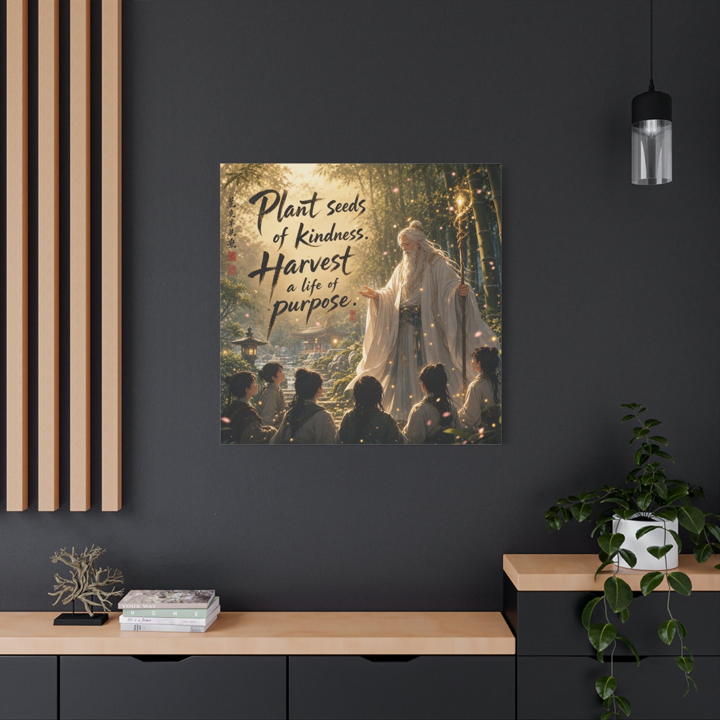 "Plant Seeds Of Kindness. Harvest A Life Of Purpose." Zen Canvas Wall Art - Wise Elder In Bamboo Garden, Inspirational Typography Print - Traditional Style, Bedroom Meditation Decor - Office Wall Art