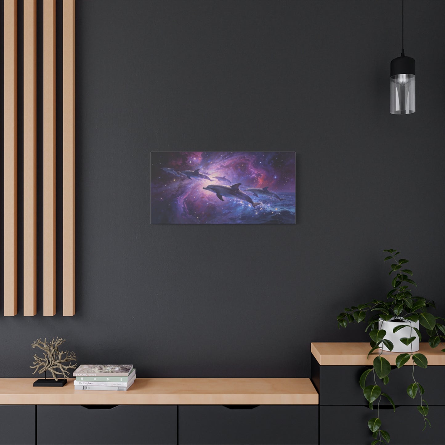 Cosmic Dolphin Canvas Wall Art - Celestial Ocean Galaxy Painting, Zebra Print Wallpaper Inspired Purple Blue Space Scene - Matte Canvas Print - Bedroom Living Room Decor - Living Room Wall Decor