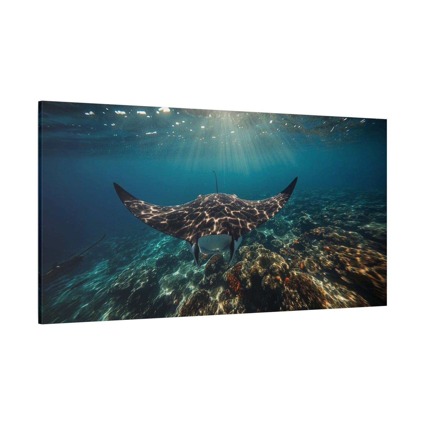 Manta Ray Canvas Wall Art - Underwater Ocean Art Print, Blue Coral Reef Seascape - Matte Cotton Canvas Print - Coastal Wall Decor, Living Room Home Decoration, Office Art - Bedroom Home Decoration