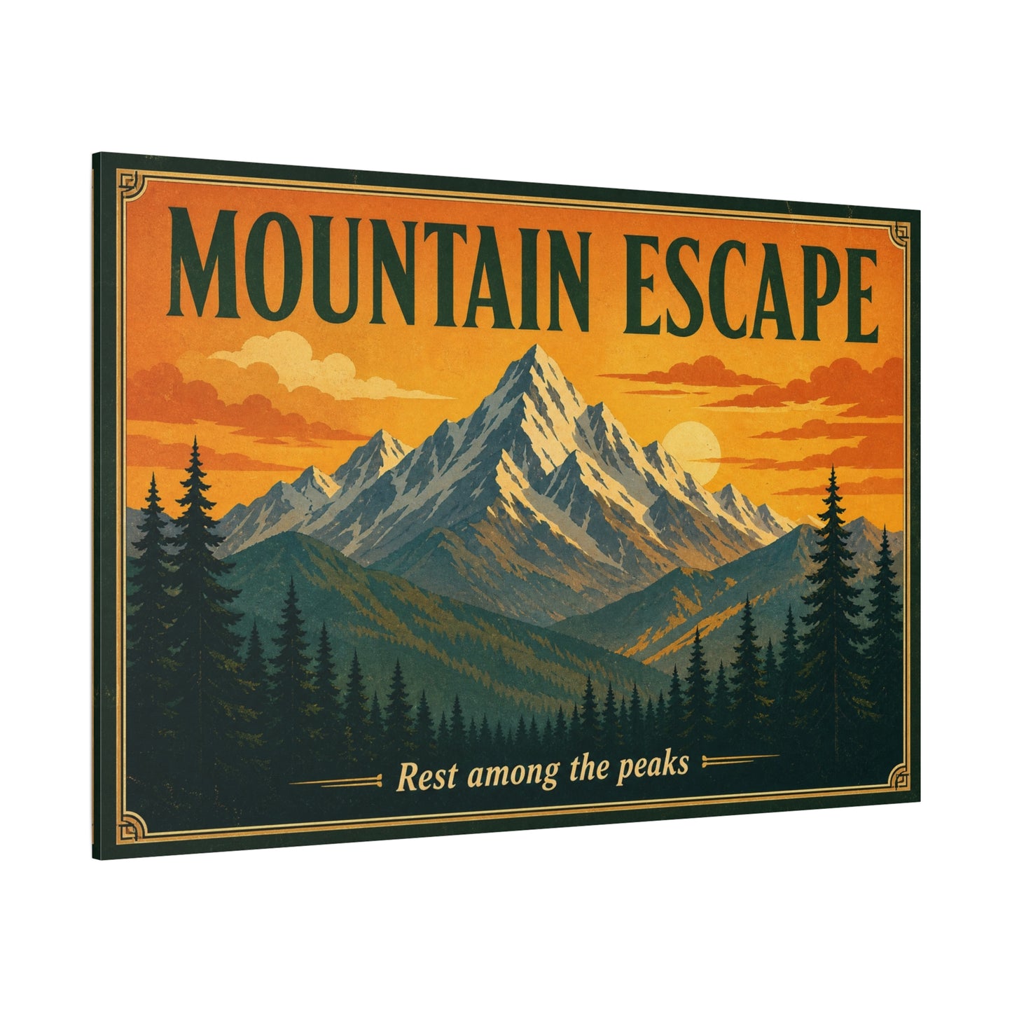 "Mountain Escape" Canvas Wall Art - Vintage Mountain Landscape Print, Sunset Pine Forest Poster Style - "Rest Among The Peaks" - Rustic Cabin Wall Decor, Living Room Home Accent - Ready to Hang