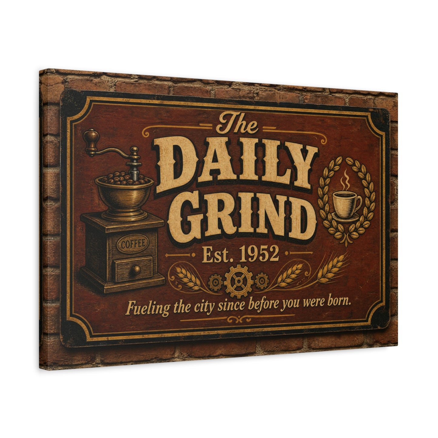 "The Daily Grind" Coffee Canvas Wall Art - Vintage Cafe Sign, Rustic Brown Typography Print, Farmhouse Decor, Coffee Bar Wall Hanging - Bistro Decor - Espresso Bar Sign - Gallery Wrapped Canvas
