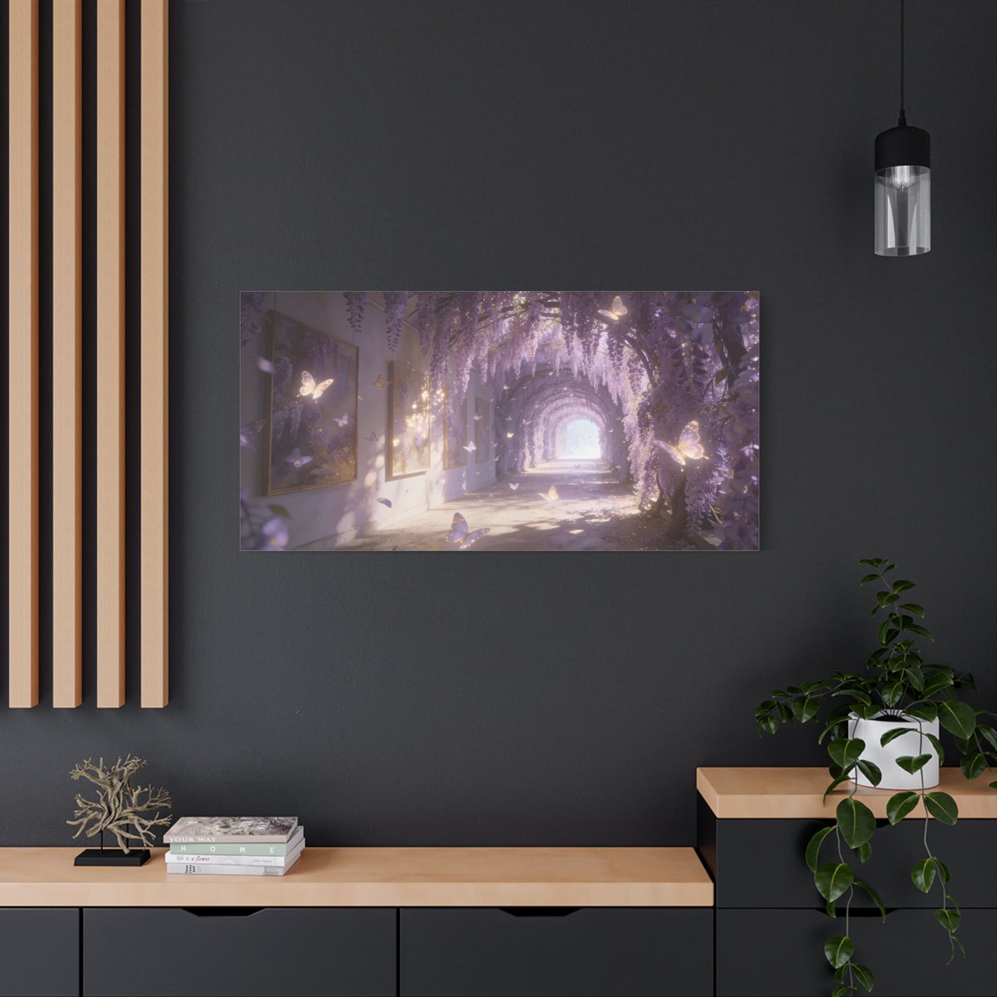 Wisteria Butterfly Canvas Wall Art - Dreamy Floral Tunnel Illustration, Lavender Glow, Matte Cotton Print - Contemporary Fantasy Style - Bedroom Wall Decor, Living Room Home Accent - Ready to Hang