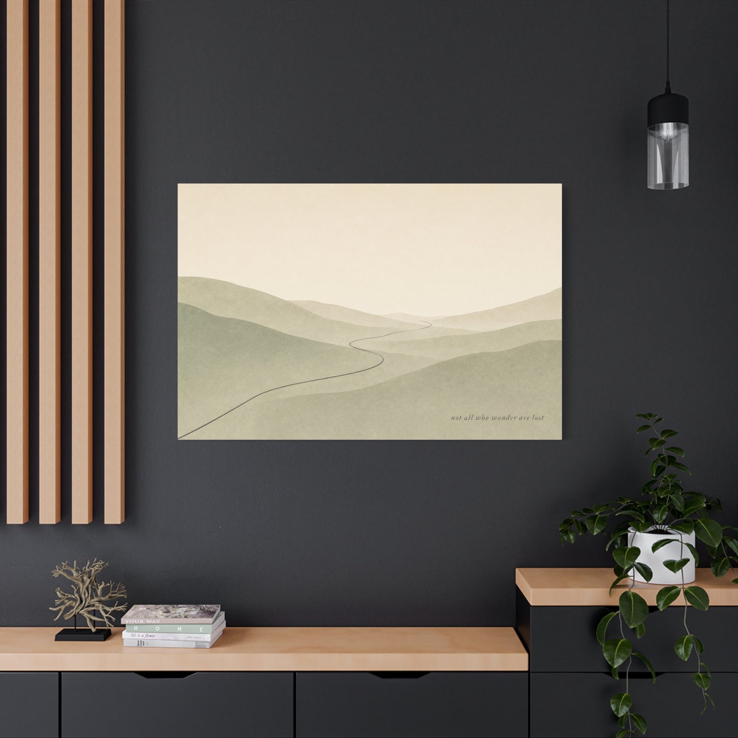 "Not All Who Wander Are Lost" Minimalist Landscape Canvas Wall Art - Misty Hills, Winding Path, Neutral Sage Beige Tones - Modern Wall Decor For Bedroom, Living Room, Home Office - Ready to Hang