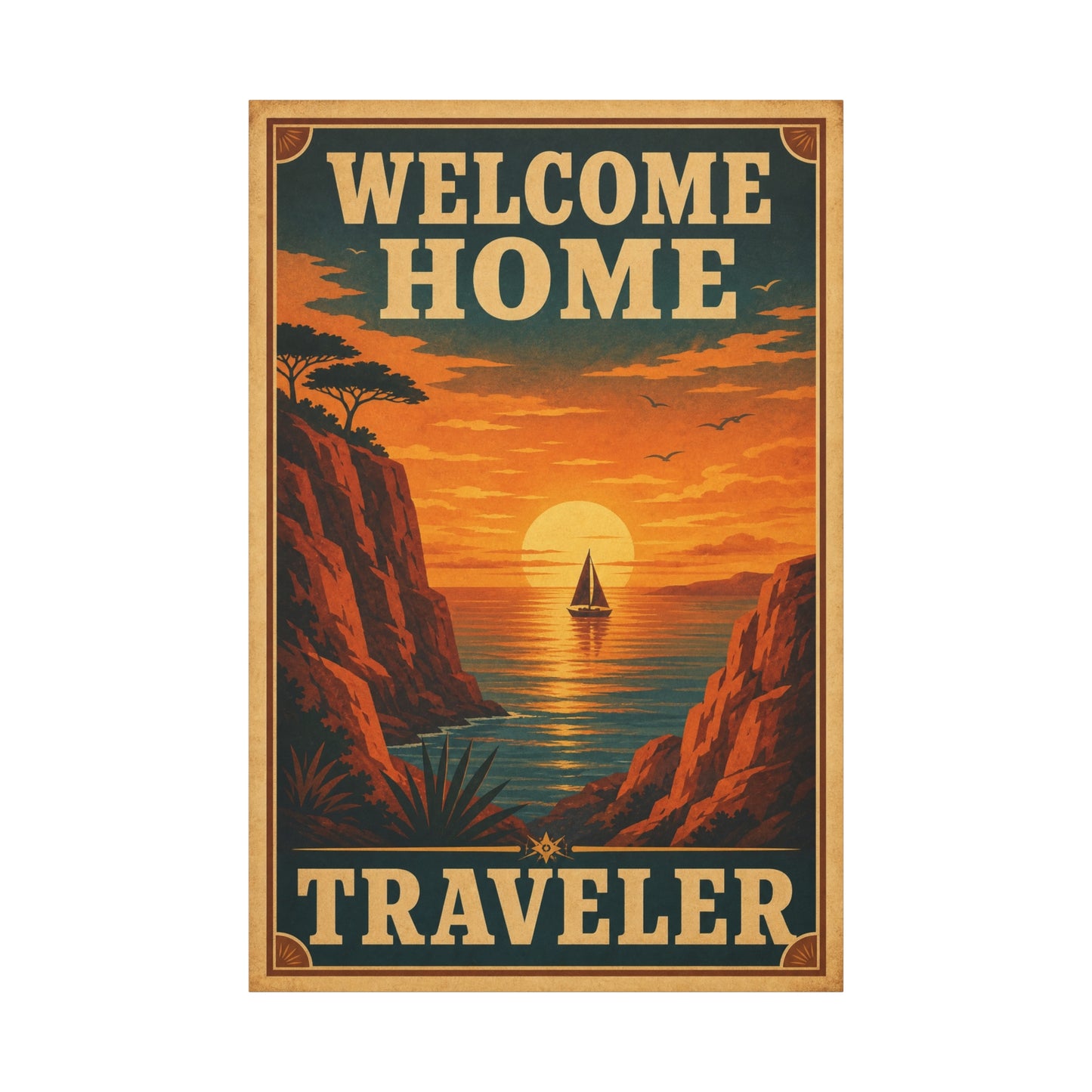 "Welcome Home Traveler" Vintage Coastal Canvas Wall Art - Sunset Sailboat Seascape Print - Retro Travel Poster Style - Living Room Wall Decor, Hallway Home Decoration - Modern Farmhouse Style