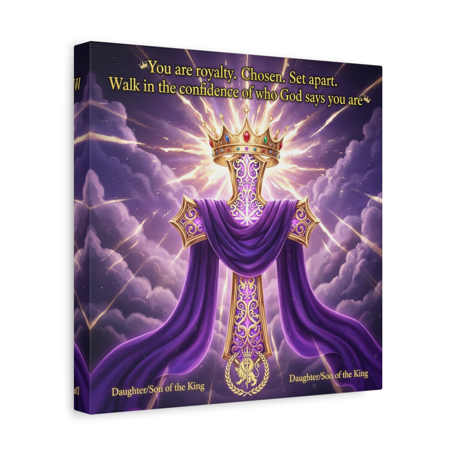 "You Are Royalty. Chosen. Set Apart." Christian Canvas Wall Art - Crowned Cross With Purple Draped Cloth, Daughter Son Of The King Quote - Religious Wall Decor For Bedroom, Office - Ready to Hang