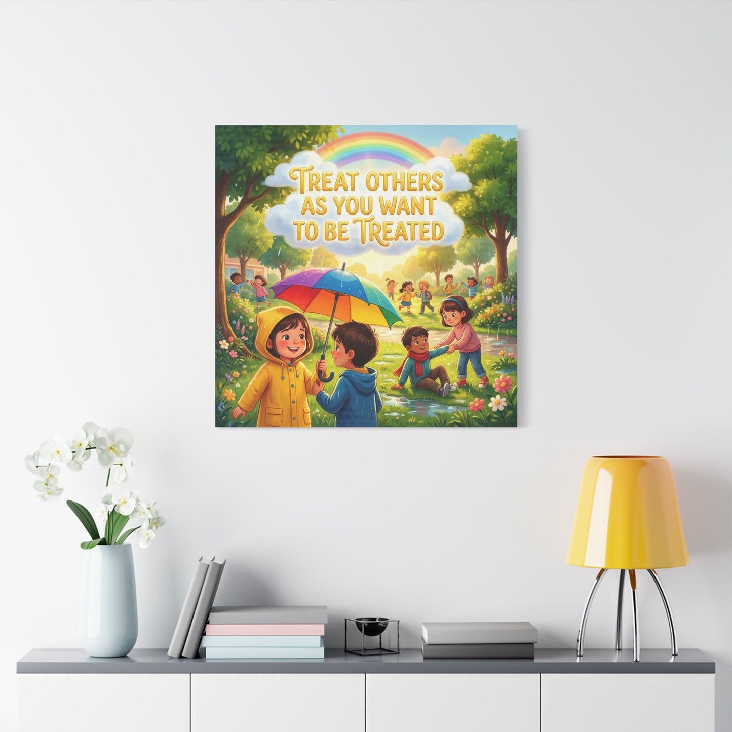 "Treat Others As You Want To Be Treated" Kids Canvas Wall Art - Rainbow Umbrella Kindness Quote Print - Colorful Classroom Decor - Nursery Playroom Bedroom Home Decoration - Bohemian Wall Hanging