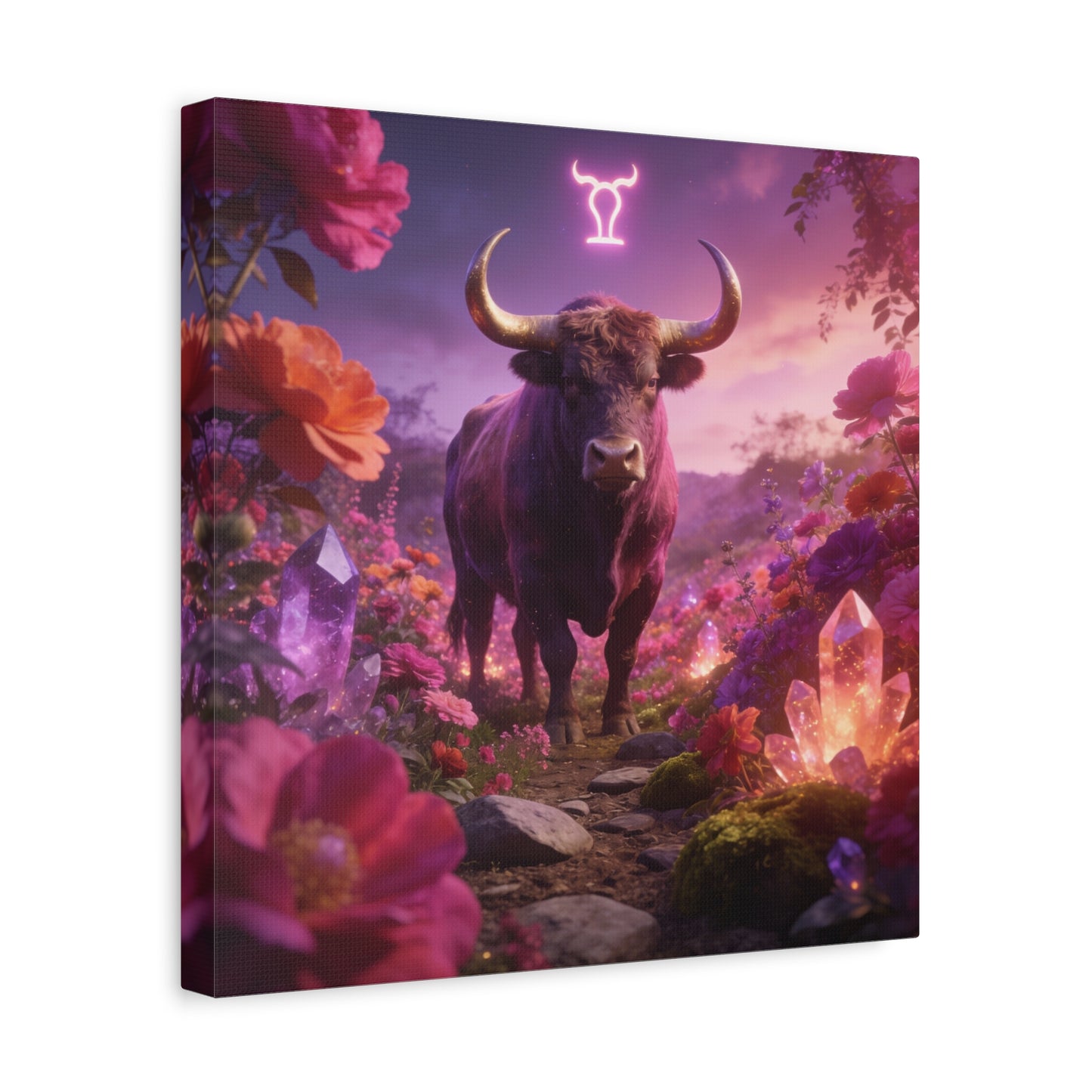 Taurus Zodiac Bull Canvas Wall Art - Neon Taurus Symbol, Floral Crystal Fantasy Print - Dreamy Purple Pink Celestial Decor - Bedroom Home Decoration, Bohemian Living Room Accent - Office Wall Art