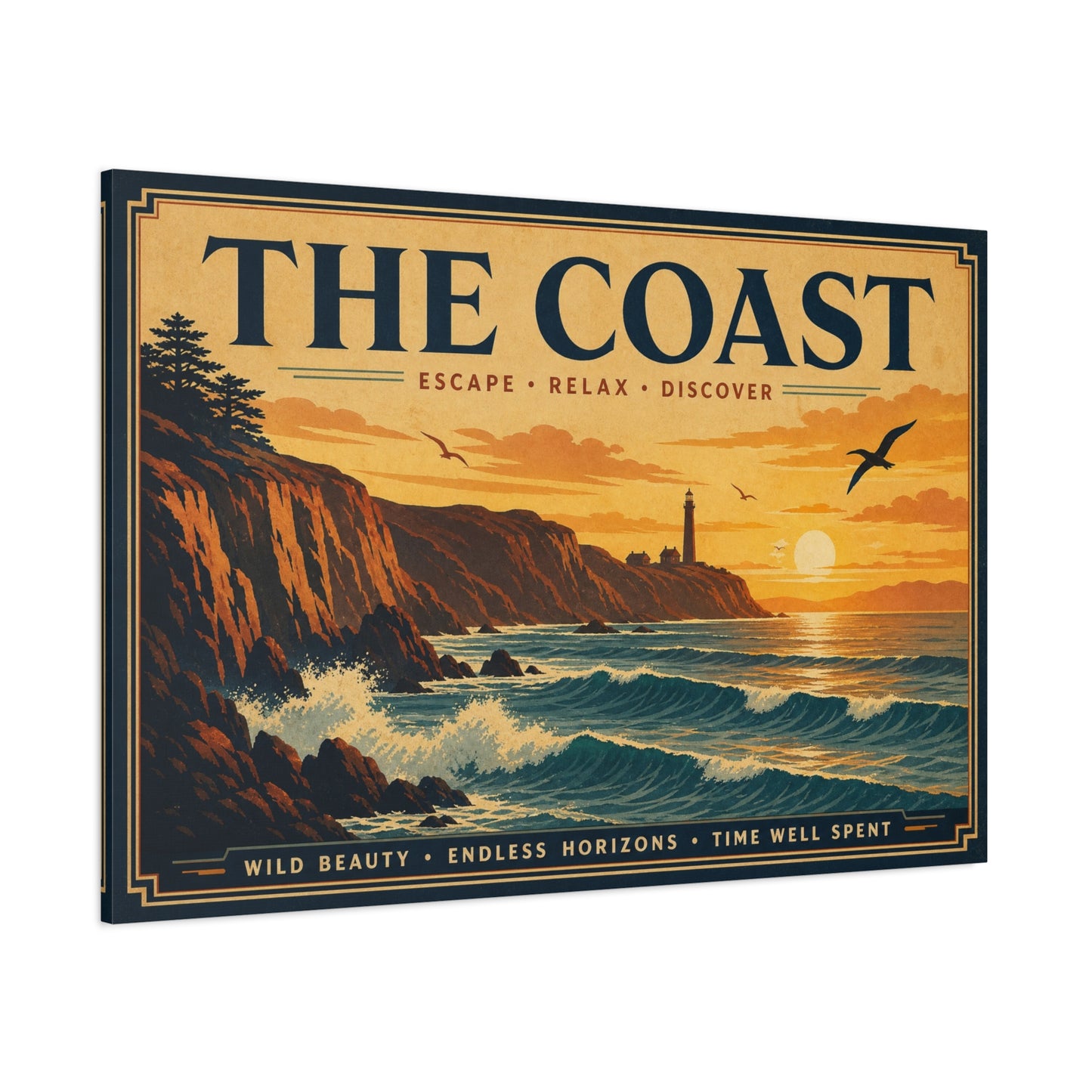 "The Coast" Coastal Canvas Wall Art - Vintage Lighthouse Sunset Ocean Waves Print - Retro Seascape Home Decor, Nautical Living Room Wall Decor - Modern Farmhouse Style - Bedroom Home Decoration
