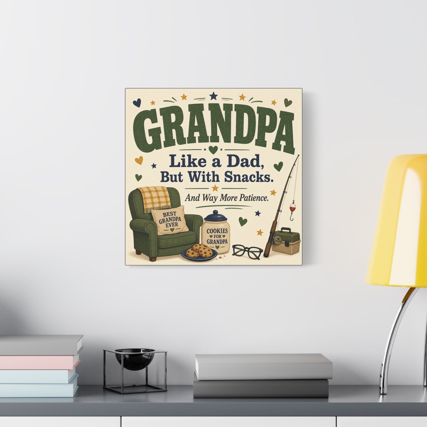 "Grandpa Like A Dad, But With Snacks. And Way More Patience." Canvas Wall Art - Rustic Typography Grandpa Quote Print, Farmhouse Living Room Decor - Office Wall Art - Bedroom Home Decoration