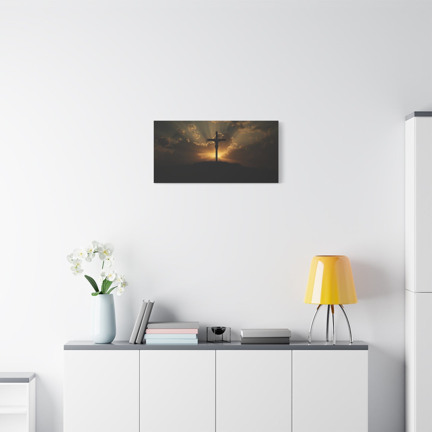 Jesus Christ Crucifix Canvas Wall Art - Sunset Cross Silhouette, Golden Sky Rays - Matte Cotton Print - Religious Christian Decor For Living Room, Bedroom, Office Wall Display - Modern Farmhouse Style