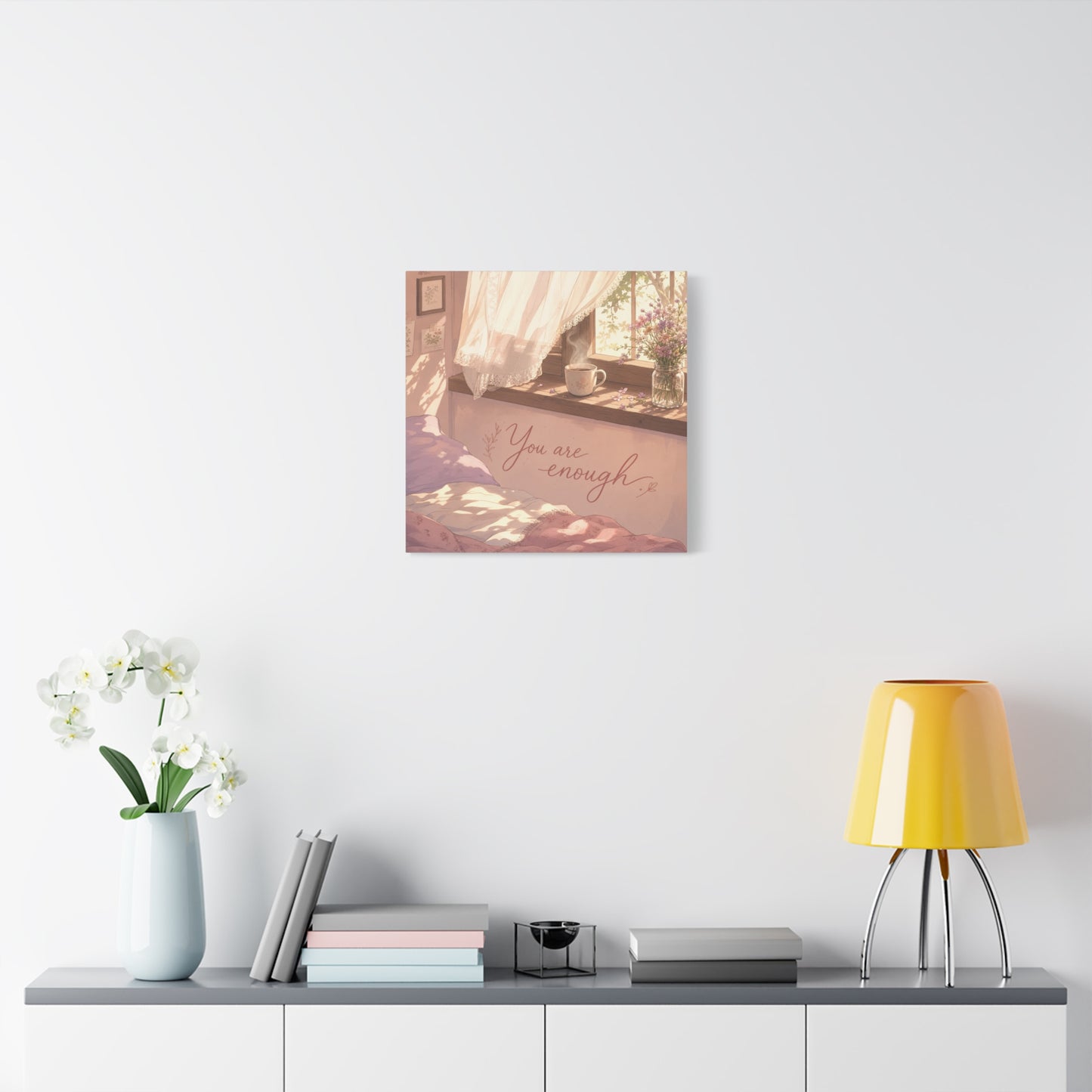 "You Are Enough" Inspirational Canvas Wall Art - Sunlit Bedroom Window Flowers, Cozy Pink Cottagecore Decor - Matte Affirmation Print - Bedroom Home Decoration, Teen Room Accent - Office Wall Art