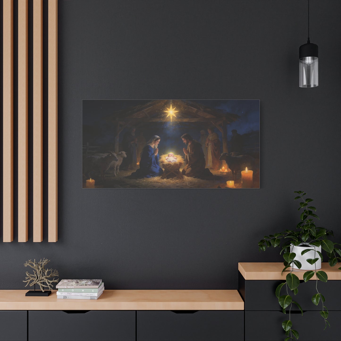 Nativity Scene Canvas Wall Art - Virgin Mary, Joseph, Baby Jesus In Manger - Starry Stable Religious Print - Traditional Christian Decor - Living Room Wall Decor Bedroom Home Decoration