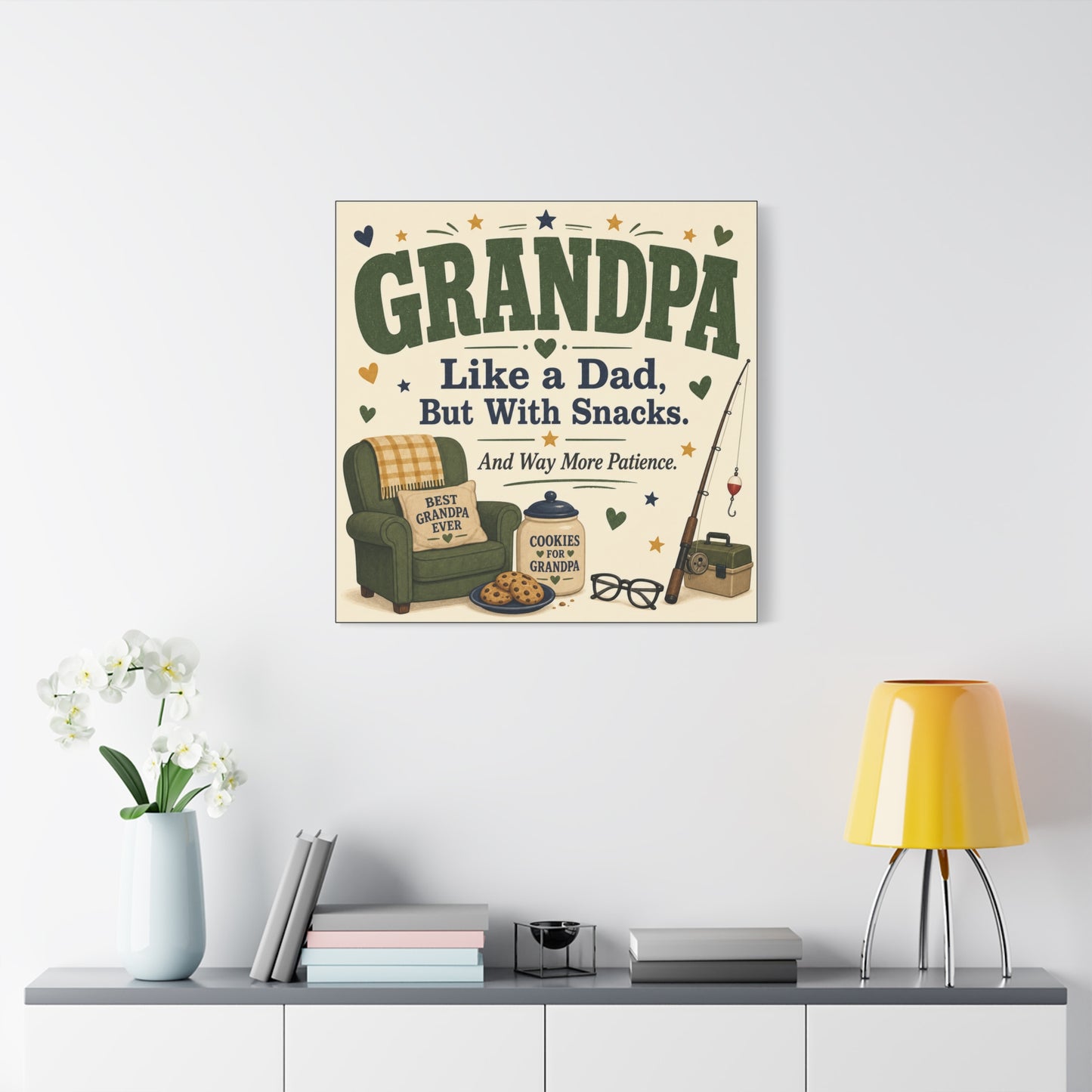 "Grandpa Like A Dad, But With Snacks. And Way More Patience." Canvas Wall Art - Rustic Typography Grandpa Quote Print, Farmhouse Living Room Decor - Office Wall Art - Bedroom Home Decoration