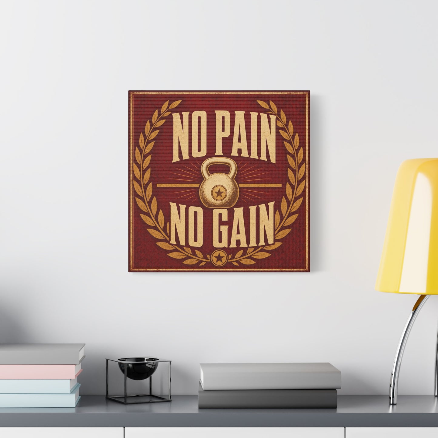"No Pain No Gain" Kettlebell Canvas Wall Art - Vintage Gym Quote Decor, Rustic Typography Print, Motivational Fitness Poster Style - Room Decoration - Ready to Hang - Gym Wall Decor - HP Latex Print
