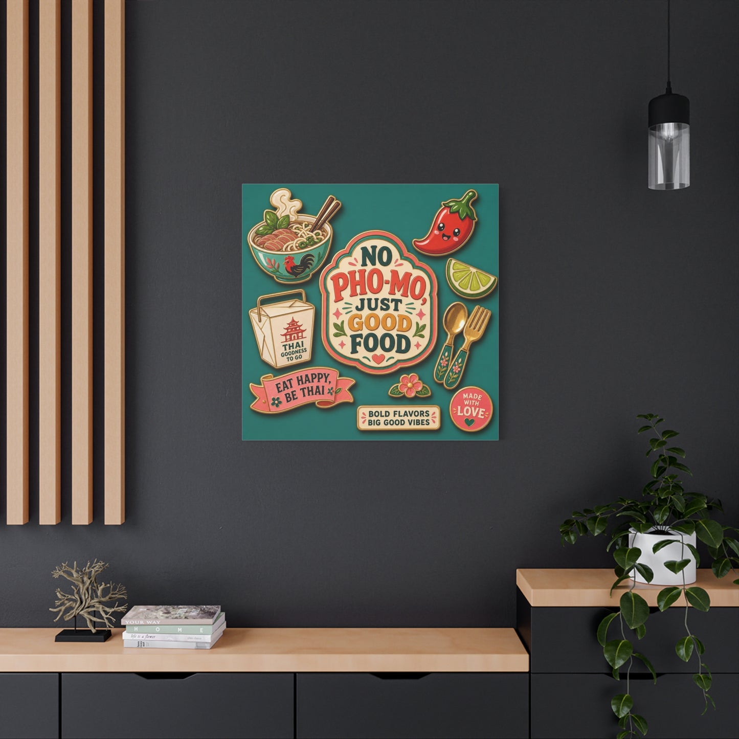 "No Pho-Mo Just Good Food" Canvas Wall Art - Thai Food Quote Kitchen Decor - Colorful Illustration Print, Retro Typography Style - Dining Room Accent, Cafe Wall Decor - Bedroom Home Decoration