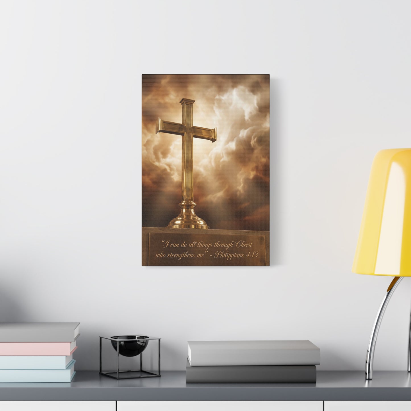 "I Can Do All Things Through Christ Who Strengthens Me" Christian Canvas Wall Art - Gold Cross, Philippians 4:13 Scripture Print - Traditional Faith Decor, Bedroom Living Room - Living Room Wall Decor