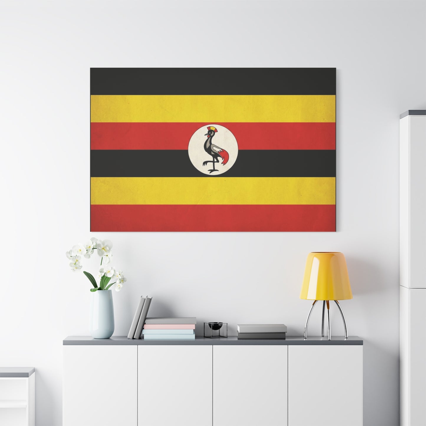 Uganda Flag Canvas Wall Art - Crested Crane National Flag Print, Patriotic Heritage Decor - Bold Tricolor Cotton Canvas - Modern Living Room Decoration - Living Room Wall Decor - Cozy Reading Nook Art