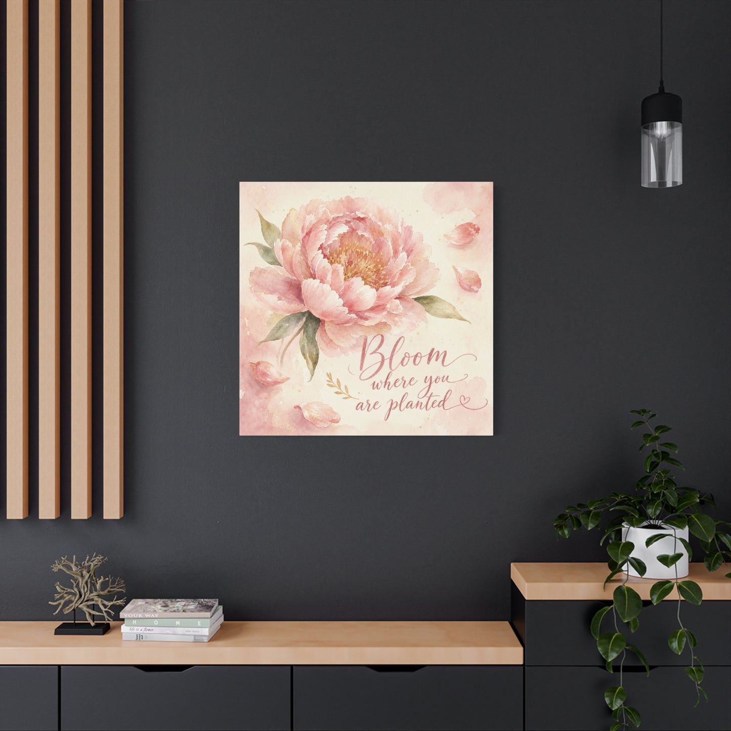 "Bloom Where You Are Planted" Peony Canvas Wall Art - Pink Watercolor Floral Quote Print, Soft Botanical Decor, Bedroom Wall Hanging, Feminine Farmhouse Style - Bedroom Home Decoration - Ready to Hang