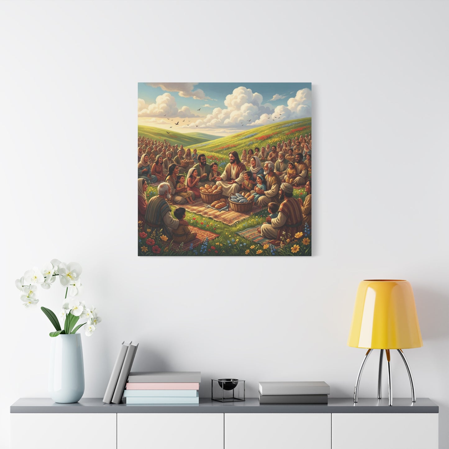 Jesus Feeding The Multitude Canvas Wall Art - Bread And Fish Biblical Scene - Meadow Landscape Christian Home Decor - Matte Cotton Print For Living Room, Bedroom, Office, Meditation Space