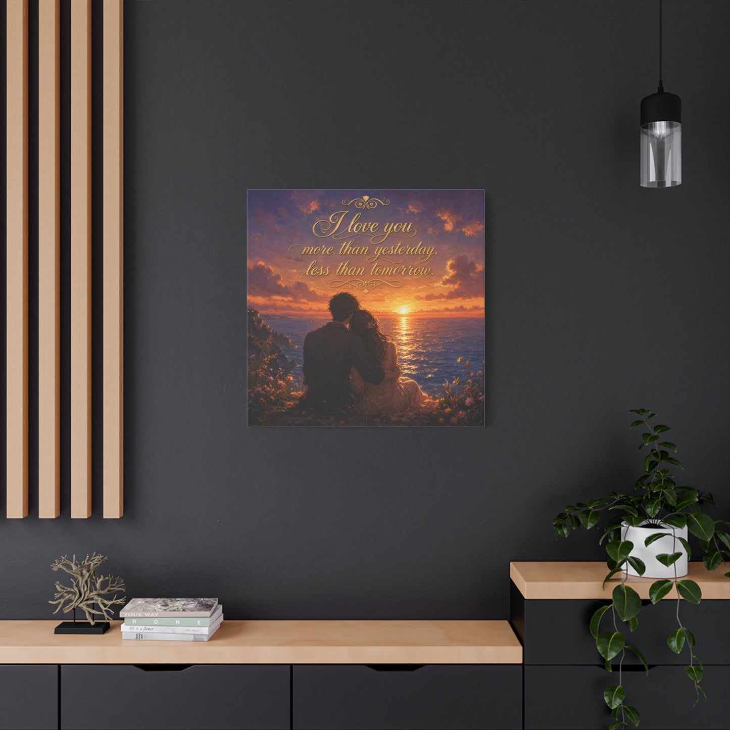 "I Love You More Than Yesterday, Less Than Tomorrow." Love Quote Canvas Wall Art - Romantic Sunset Ocean Couple Silhouette - Gold Script Seascape - Bedroom Wall Decor - Ready to Hang - Ready to Hang