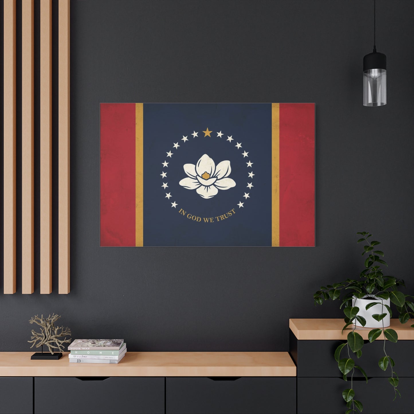 "In God We Trust" Mississippi State Flag Canvas Wall Art - Magnolia Emblem, Vintage Patriotic Decor - Rustic Americana Style - Living Room Wall Decor - Ready to Hang - Bedroom Home Decoration