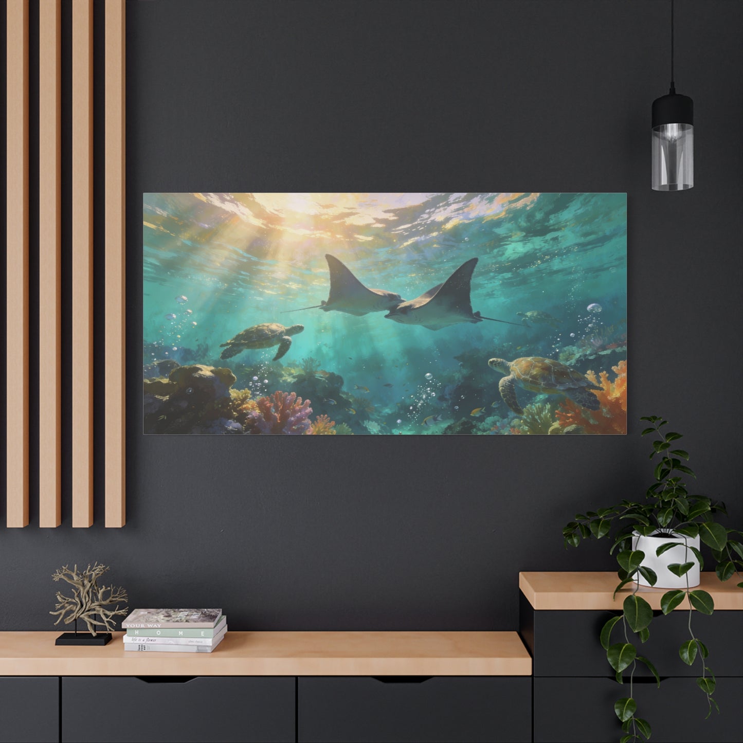Manta Ray And Sea Turtle Canvas Wall Art - Underwater Ocean Reef Scene, Coastal Wall Decor - Matte Cotton Canvas Print - Contemporary Seascape Style - Living Room Bedroom Office - Ready to Hang