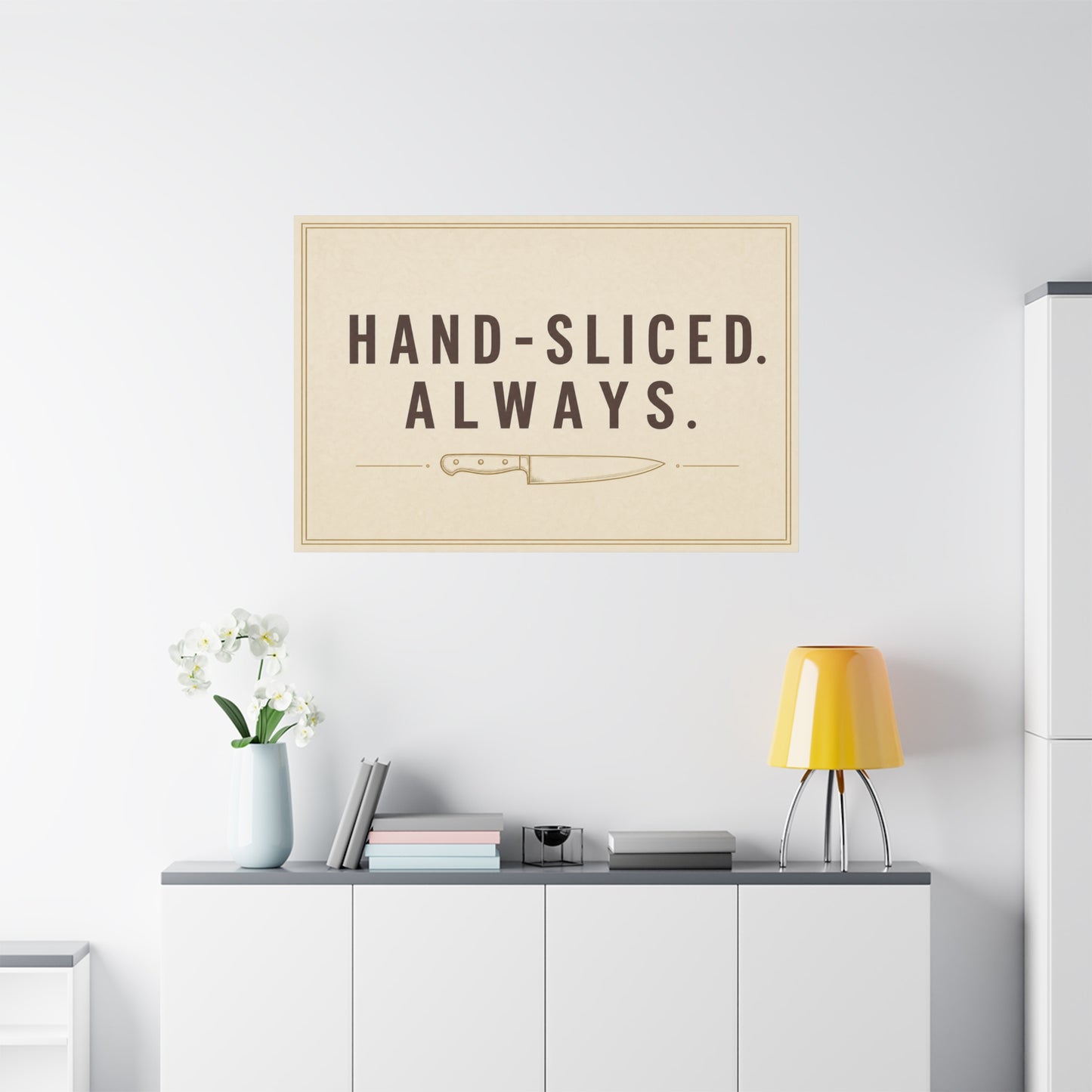 "Hand-Sliced. Always." Kitchen Canvas Wall Art - Vintage Knife Typography Print - Rustic Farmhouse Wall Decor, Dining Room Home Decoration, Funny Kitchen Sign - Bedroom Home Decoration - Ready to Hang