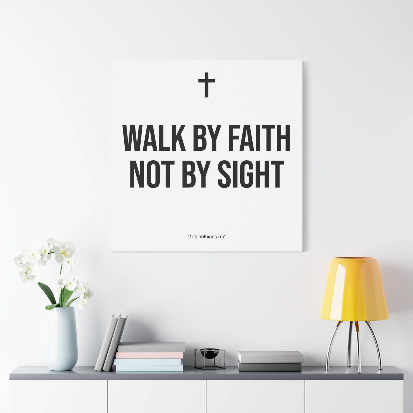 "Walk By Faith Not By Sight" Christian Canvas Wall Art - 2 Corinthians 5:7 Cross Scripture Print - Black And White Minimalist Typography Decor - Living Room Bedroom Office Home Decoration