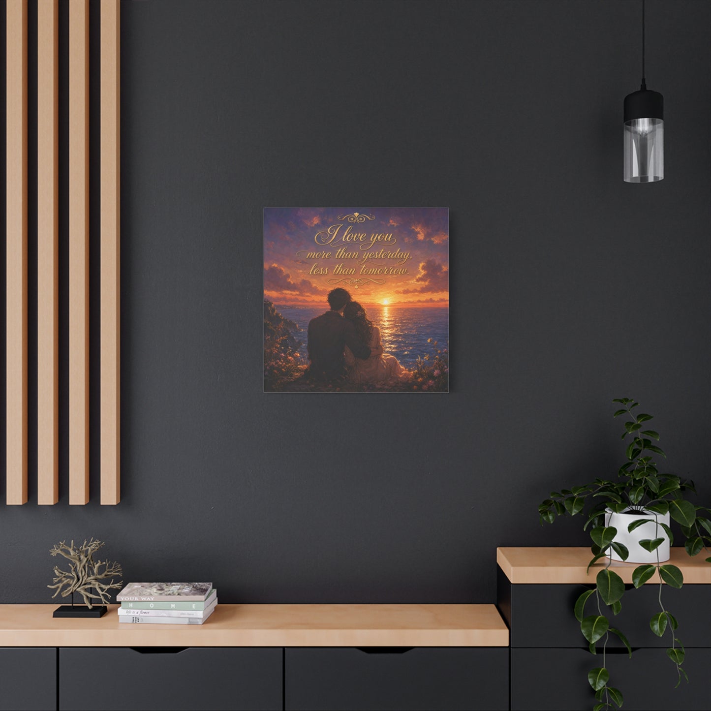 "I Love You More Than Yesterday, Less Than Tomorrow." Love Quote Canvas Wall Art - Romantic Sunset Ocean Couple Silhouette - Gold Script Seascape - Bedroom Wall Decor - Ready to Hang - Ready to Hang