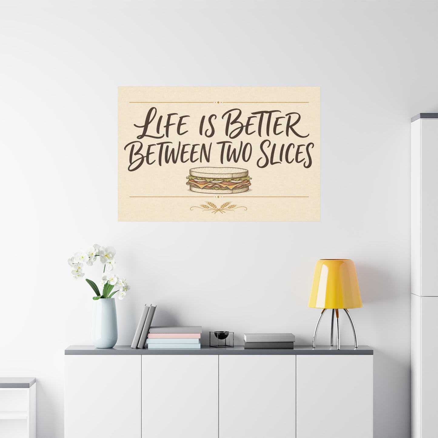 "Life Is Better Between Two Slices" Sandwich Canvas Wall Art - Funny Quote Print, Vintage Farmhouse Style, Beige Food Illustration - Ready to Hang - Ready to Hang - Deli Wall Decor - Diner Decor