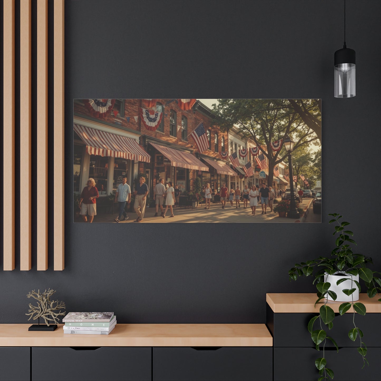 Patriotic Main Street Canvas Wall Art - American Flag Small Town Streetscape, Golden Hour Art Print - Vintage Americana Style - Living Room Wall Decor, Office Art Accent - Ready to Hang