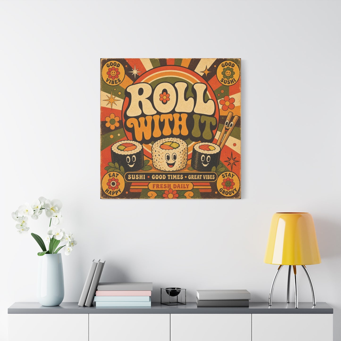 "Roll With It" Sushi Canvas Wall Art - Retro Typography Food Illustration, Groovy Orange Green Bohemian Print, Cafe Wall Decor, Kitchen Room Decoration, Vintage Poster Style - Bedroom Home Decoration