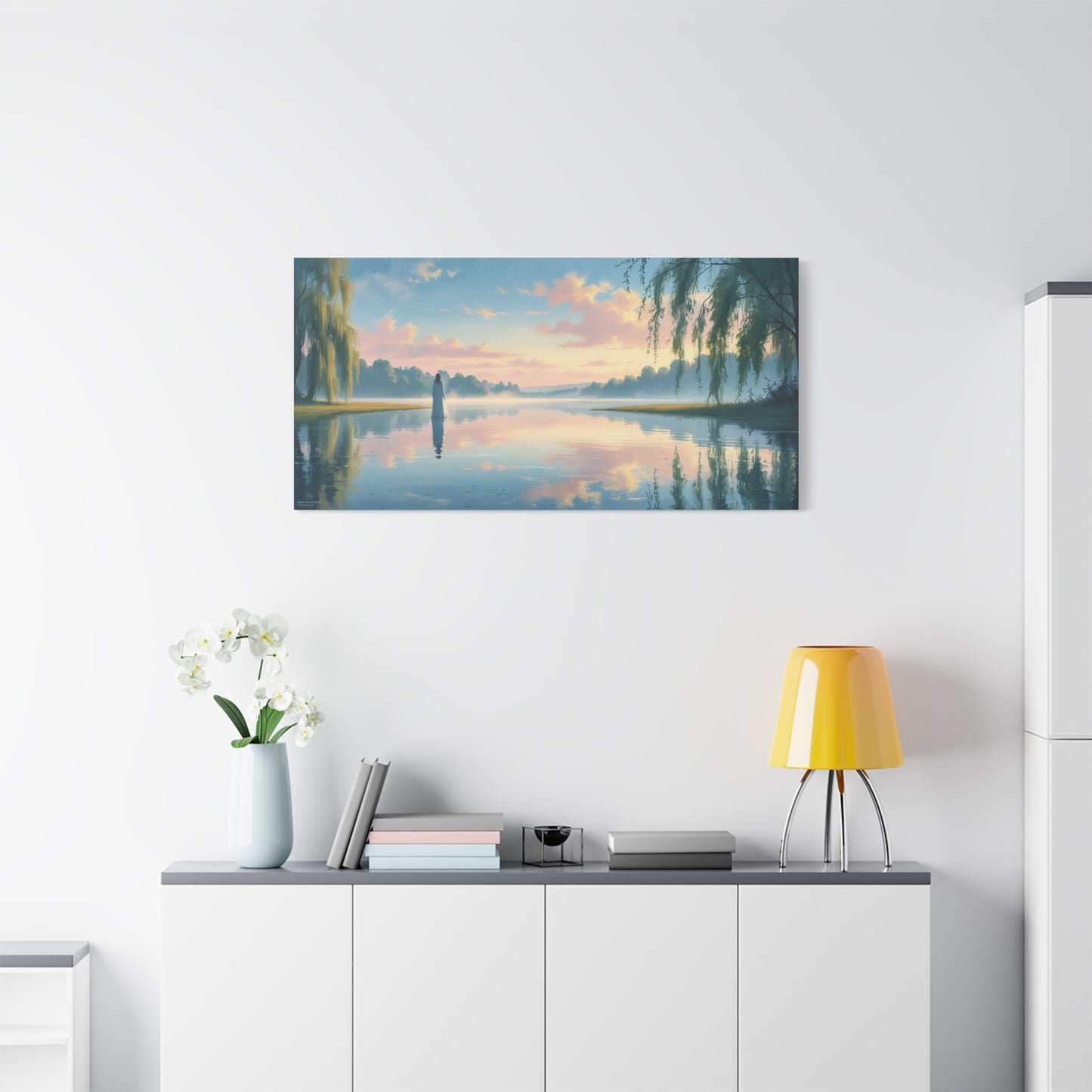 Woman In White By Misty Lake Canvas Wall Art - Pastel Sunrise Waterscape, Willow Trees Reflection - Matte Cotton Print - Contemporary Landscape Decor For Living Room Bedroom Office - Office Wall Art
